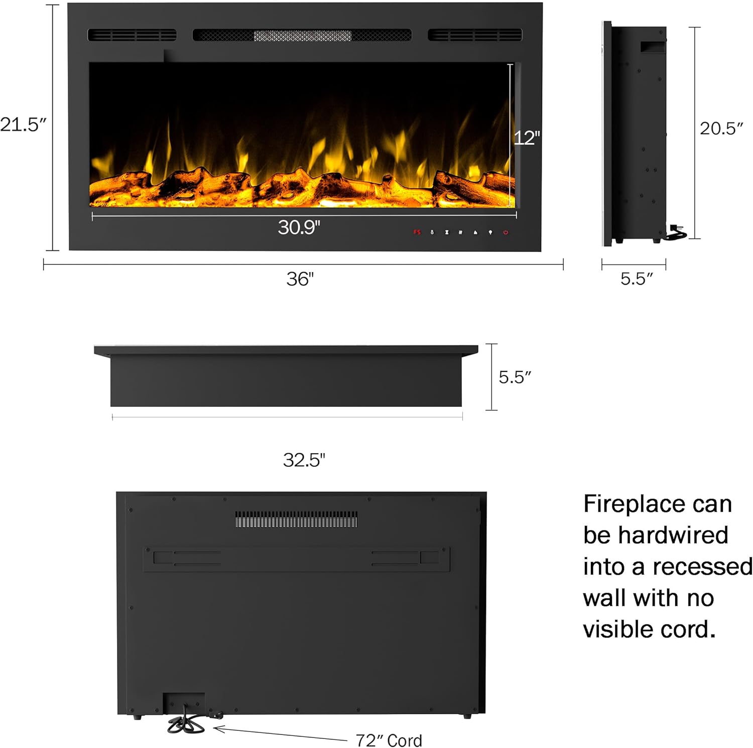 Diagram showing the dimensions of the Northwest 36-Inch Electric Fireplace.