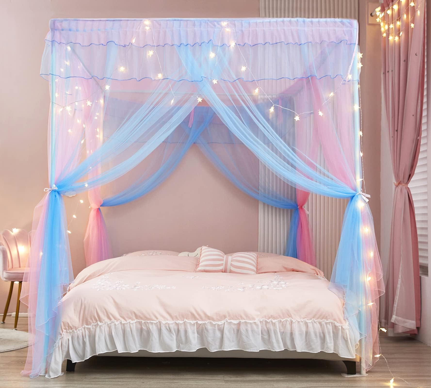 Mengersi Rainbow Canopy Bed Curtains with Lights - Princess Bed Canopy for Girls - Bed Drapes Netting- Bedroom Decoration Accessories,Queen