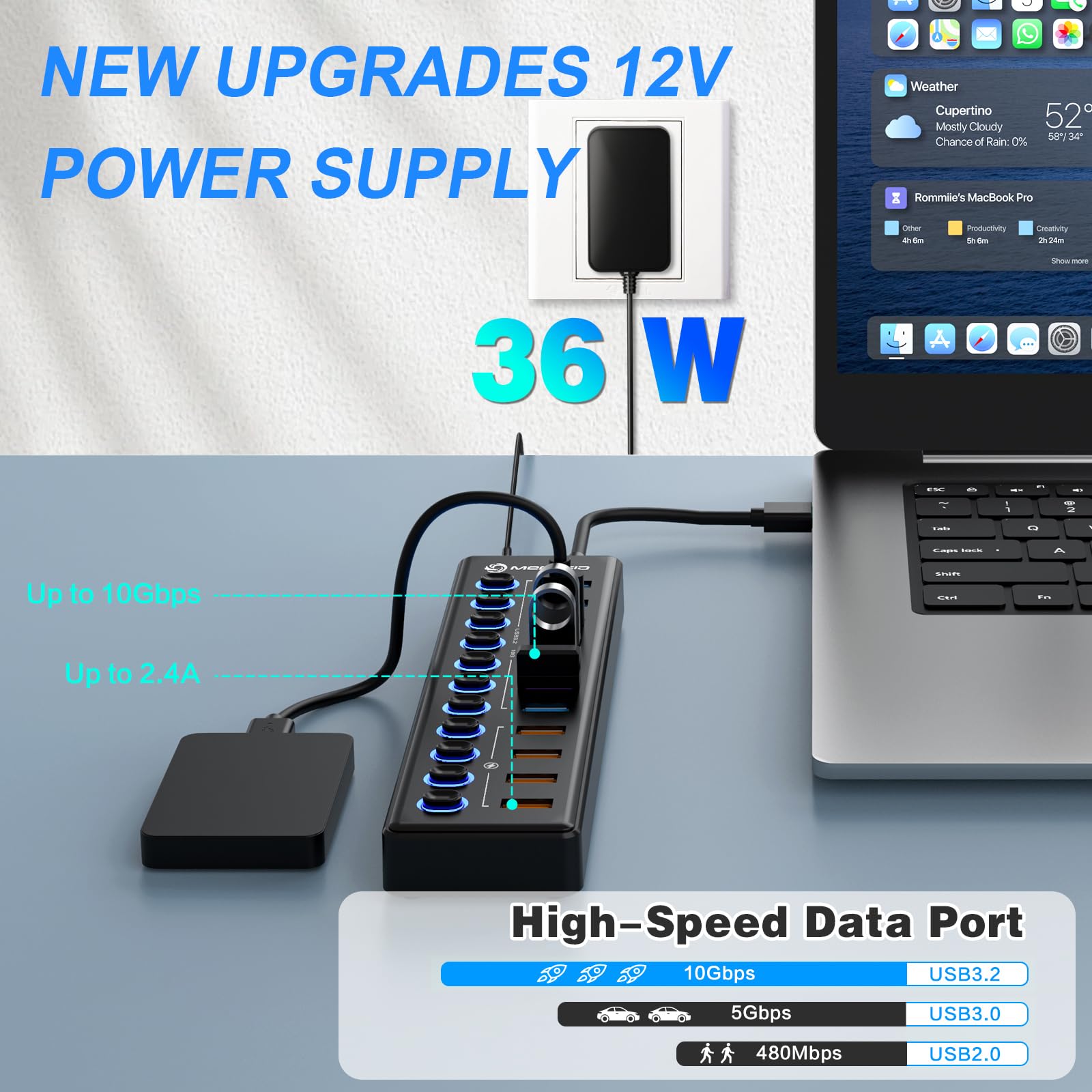 MENKSID - Hub USB alimentato a 11 porte, 7 porte di trasferimento dati USB 3.2 + 4 porte di ricarica intelligenti, interruttore indipendente (con indicatore di alimentazione LED), hub USB 3.2