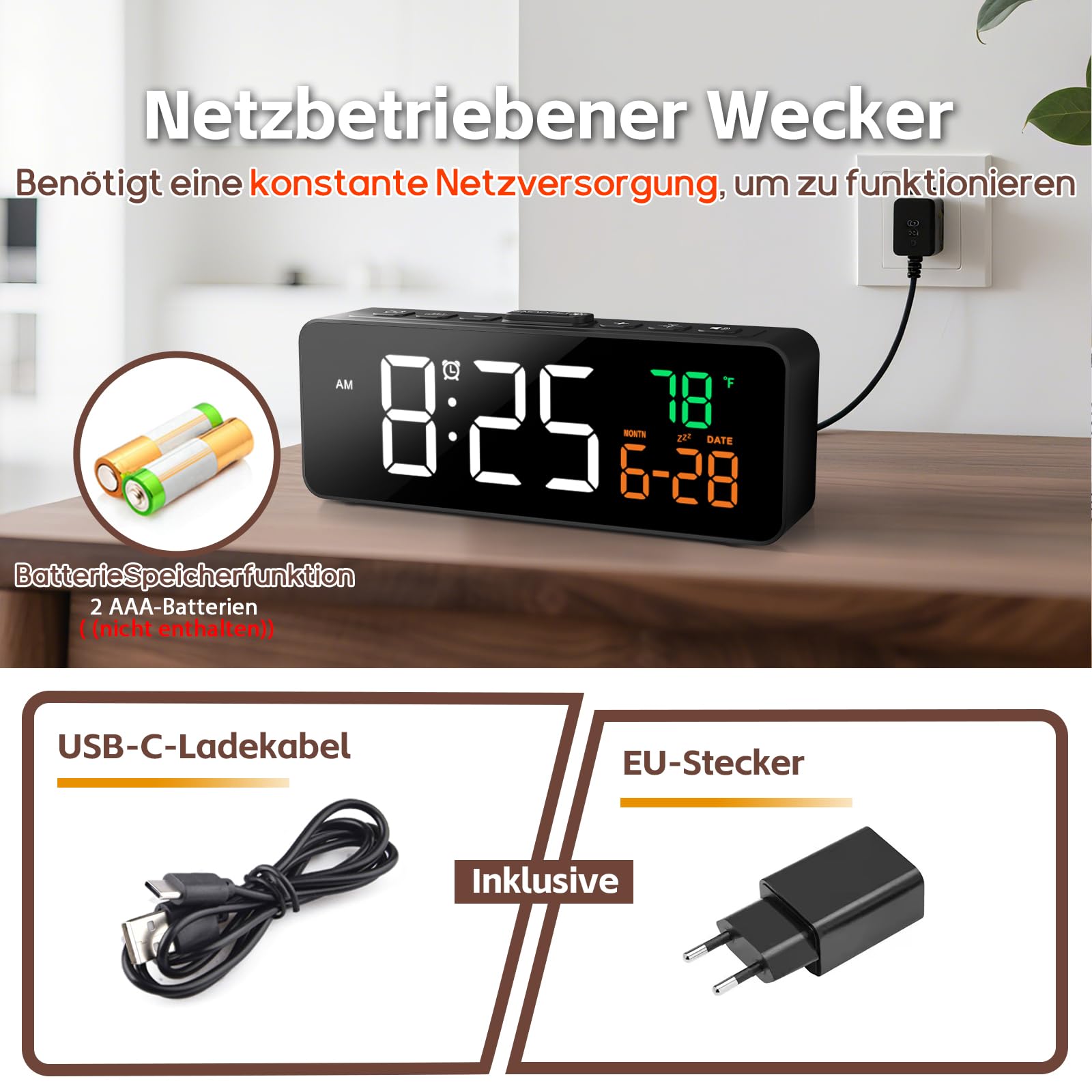 Netzu Despertador Digital pequeño, mesita de Noche, Despertador con indicador de Temperatura, Fecha, 4 Brillo, 3 Volumen, repetición, 12/24 Horas, Despertador Ruidoso para Sala de Estar o Dormitorio