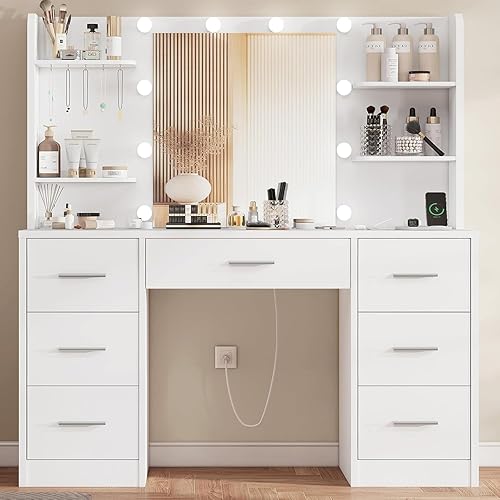 Vanity Desk with LED Light Mirror & Power Outlet, 3 Adjustable Light Color, Makeup Vanity with 7 Drawers, 4 Shelves, 5 Jewel Hooks, White Vanity for Bedroom, Girls Vanity