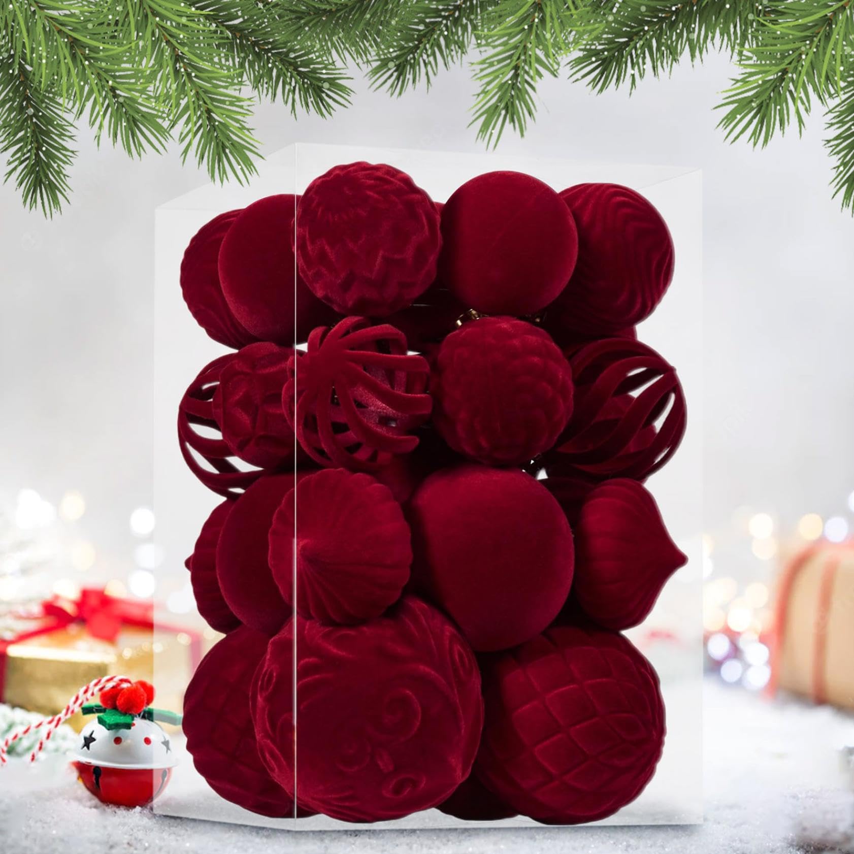 Weihnachtsschmuck, 30 Stück, samtbeflockte, bruchsichere Kugeln für Urlaubsdekoration, roter Samt, Weihnachtsbaumschmuck für Zuhause, Party, Feste