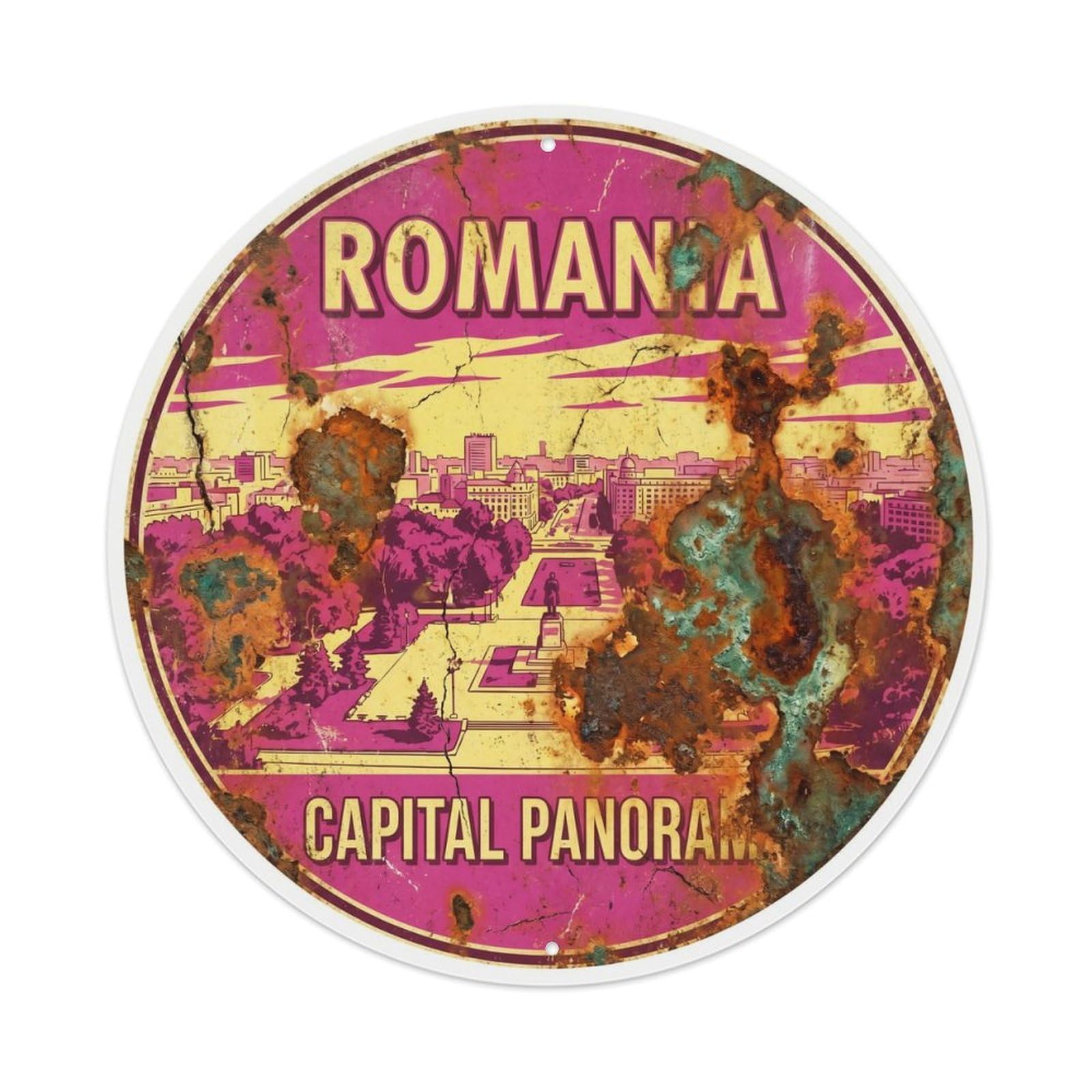 Fqcyn Style Vintage Travel Romania Capital Panorama Metal Tin Sign