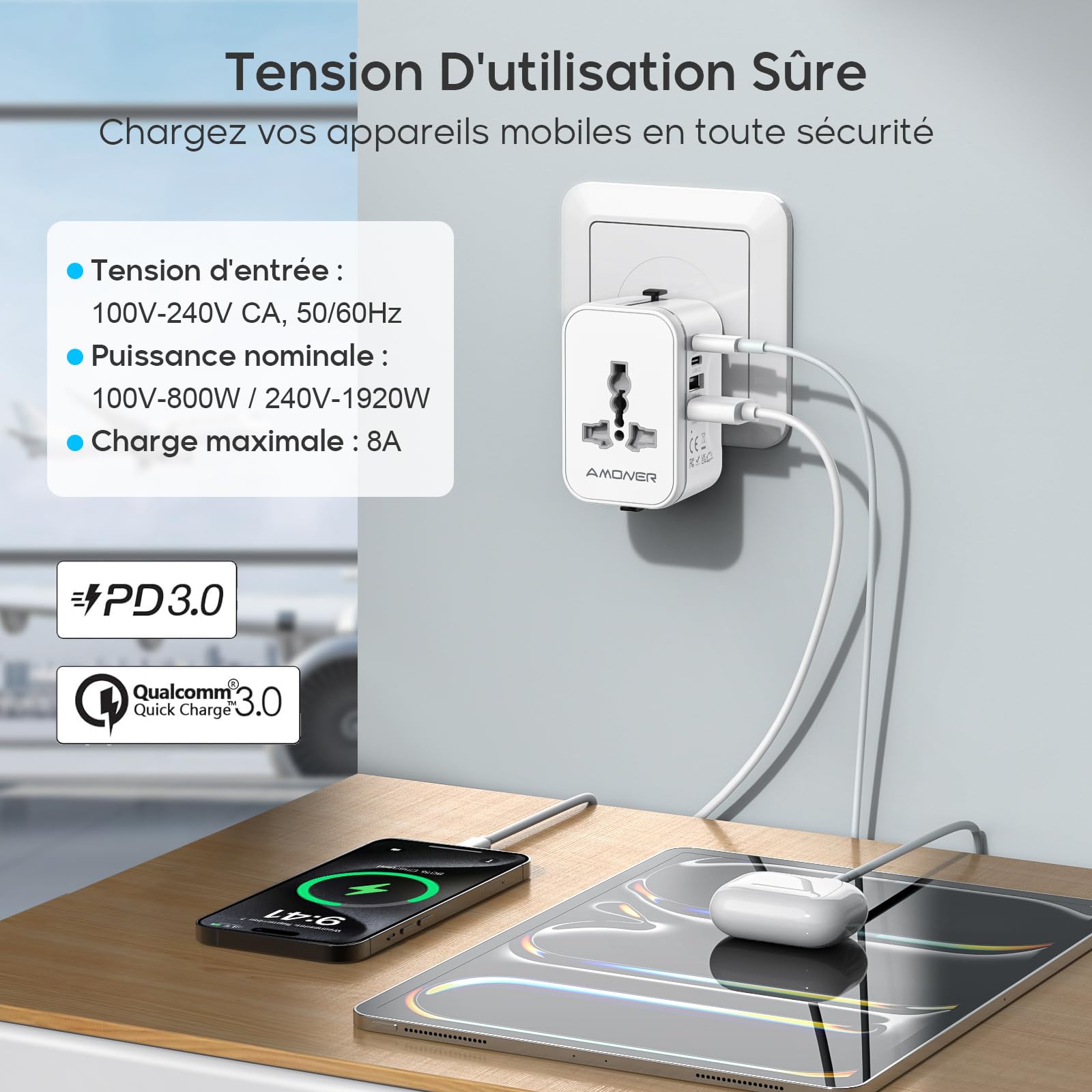 Amoner Adaptateur Prise Universelle Voyage International - 5 in1 Travel Adapter Internationale avec 2 USB 2 USB-C et 1 AC Chargeur France vers UK Allemagne Japon Srilanka Italie Europe USA