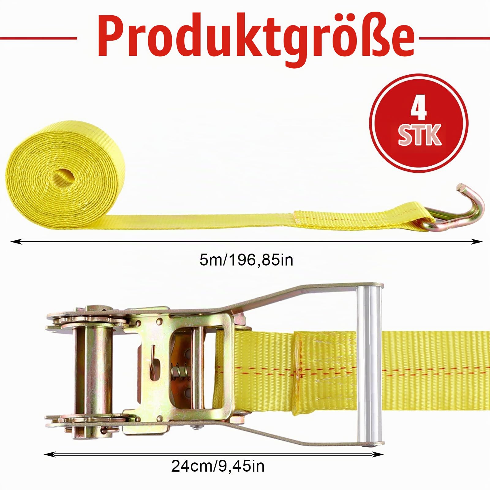 4 Stück Spanngurte mit Ratsche und Haken, 5 M 50 mm Breit Ratschengurte, Zweiteilig Zurrgurte, Schwerlast 4000kg Spanngurt Gelb für Ladungssicherung, Gepäckentfernung und Camping