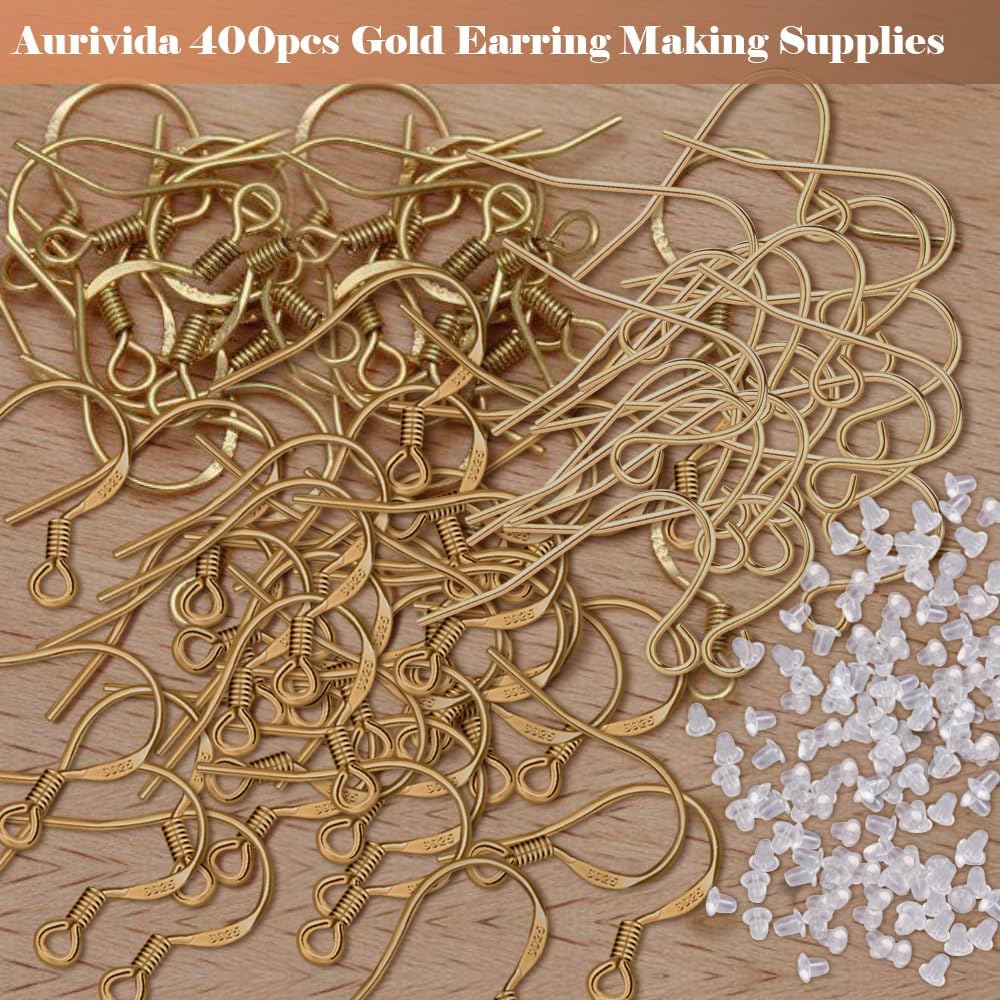 14K Gold Earring Hooks Hypoallergenic 200Pcs Ear Wires + Fish Hooks Jewelry Making Supplies Findings Nickel-Free with 200Pcs Clear Rubber Earring Backs for DIY Jewelry - Image 2