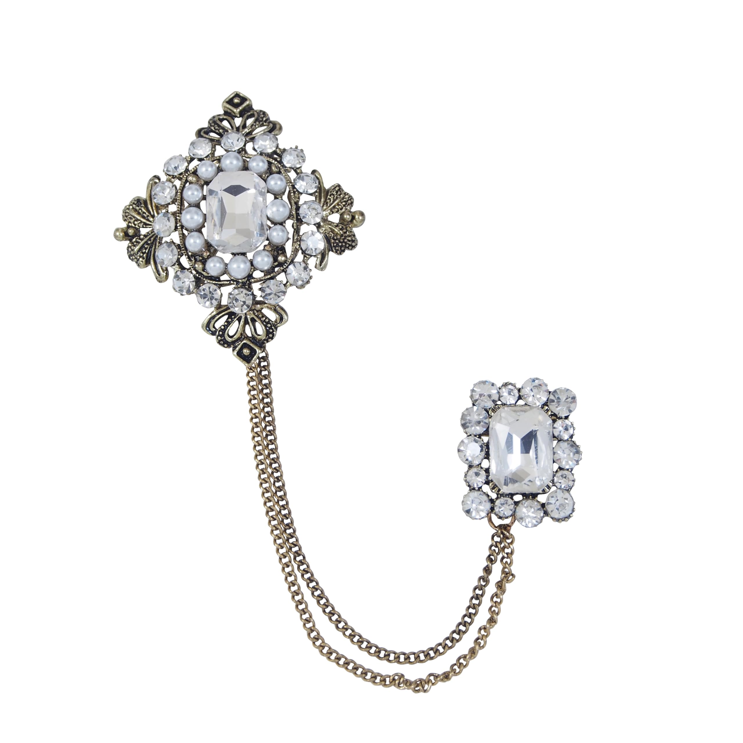 Adorn Gold Plated Rhinestone Floral Tassel Dual Chain Wedding Brooch for Men & Women (B2229) (B0CQYC7DW4) Amazon Price History, Amazon Price Tracker