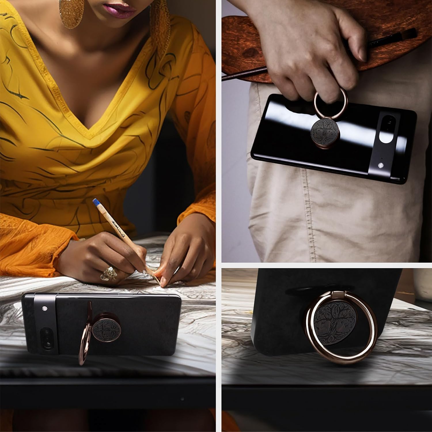 Carveit Wooden Cell Phone Ring Holder Finger Stand Grip Hook Phone Kickstand Compatible with Galaxy S24 Ultra S23 iPhone 16 Pro Max 13 14 15 Pixel 9-Blackwood/Rose Gold/Tree of Life [1 Pack]