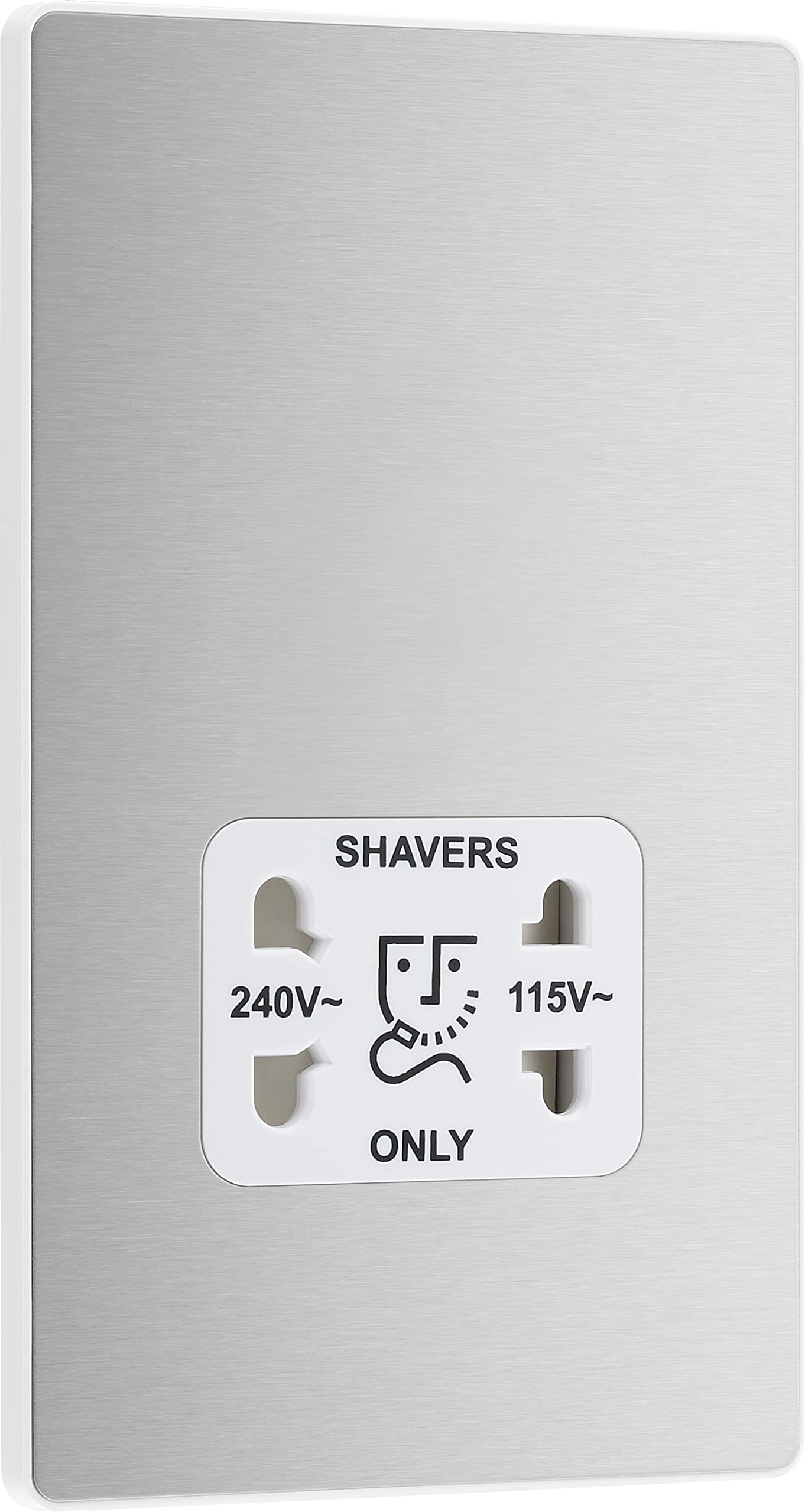 BG Electrical Dual Voltage Shaver Plug Socket, Electric Toothbrush Charger Socket for Bathrooms, Screwless Front Plate, Round Edges, Evolve, 2-Pin, Brushed Steel, 115V / 240V, PCDBS20W