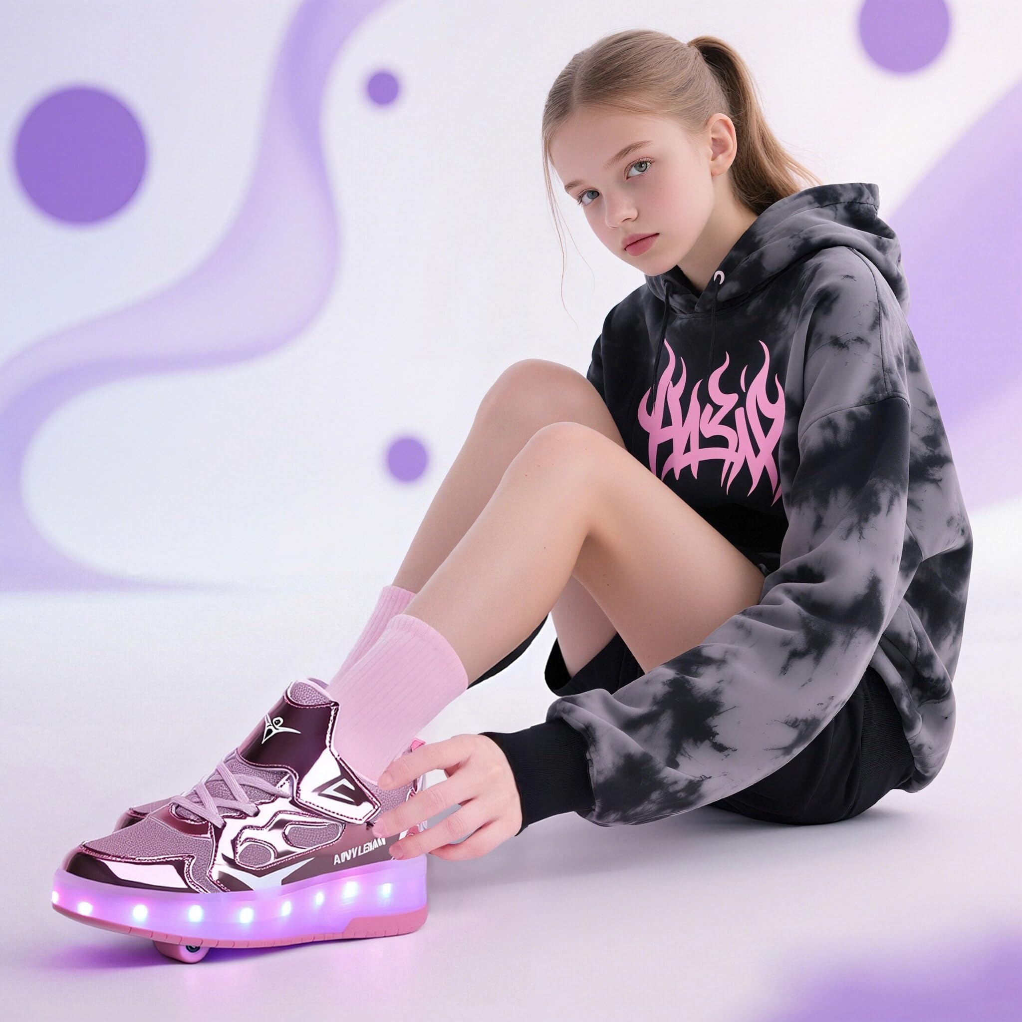 Dziecięce sneakersy, 2-wiel skateboard schoenen, verstelbaar kleurveranderend licht, USB-oplaadbaar, universeel voor jongens en meisjes, zwart, roze, goud, zilver, maat 27-40 EU