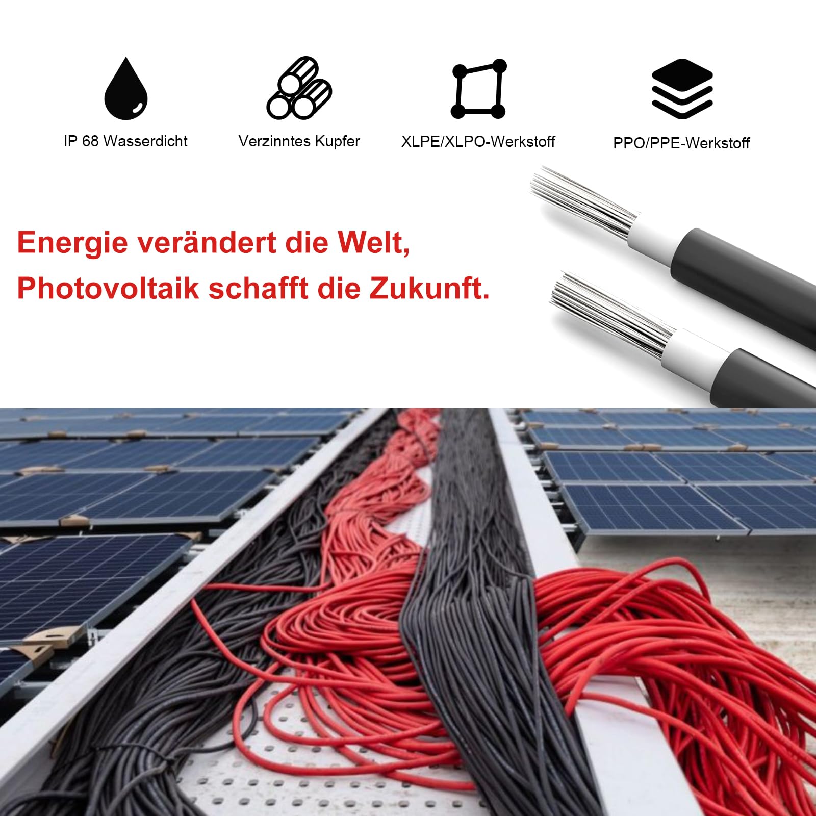 Cavo solare da 6 mm2, 10 m, 10 AWG, 1500 V, con connettore impermeabile IP68 femmina e spina (10 m)