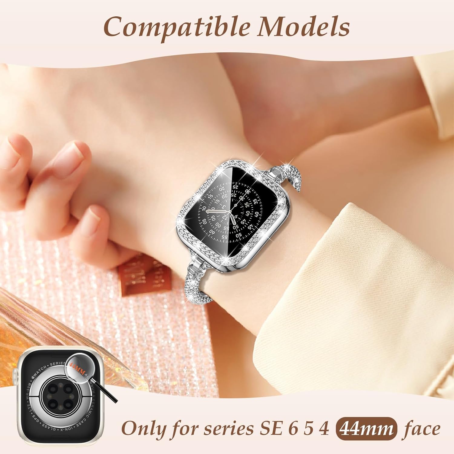 LETOID Bling Band & Case Compatible with Apple Watch 40mm 41mm 42mm 44mm 45mm 46mm Series 11 10 9 8 7 6 5 4 SE for Women, Fancy Metal iWatch Bands Rhinestone Bracelet Dressy Strap with Face Cover