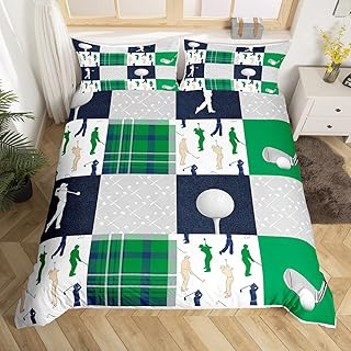 Castle Fairy Golf Plaid Duvet Cover Twin Size,Green Buffalo Grid Geometric Comforter Cover Set for Kids Boys Girls,Ball Sports Lover Style Bedding Quilt Cover Set Bedroom Decor, 2 Pieces
