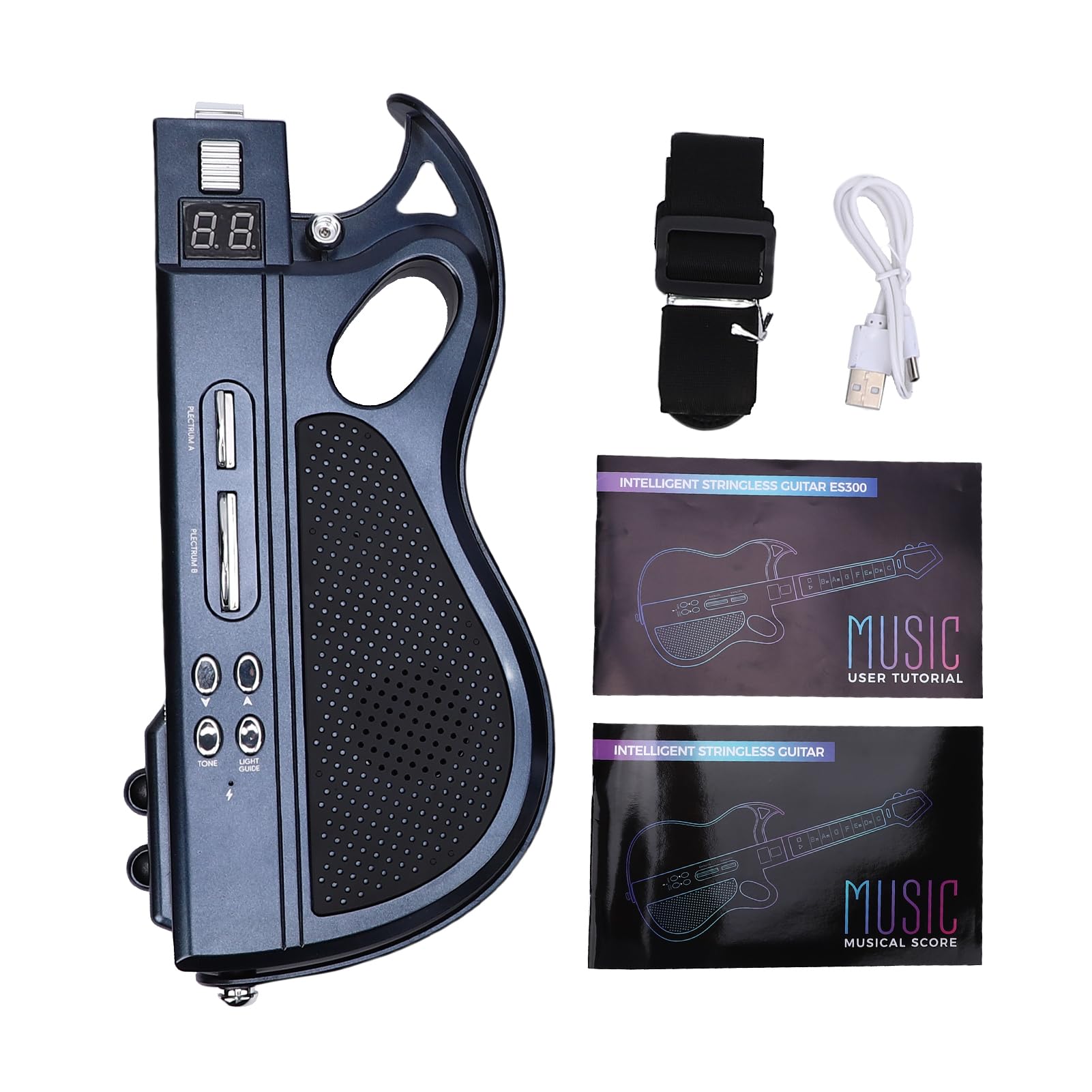 Tissting Guitarra Eléctrica Plegable Sin Cuerdas con Luz LED Y 7 Sonidos - Guitarra Juguete Musical Recargable con Ritmos Y Correa para Niños Y Familias (Negro)