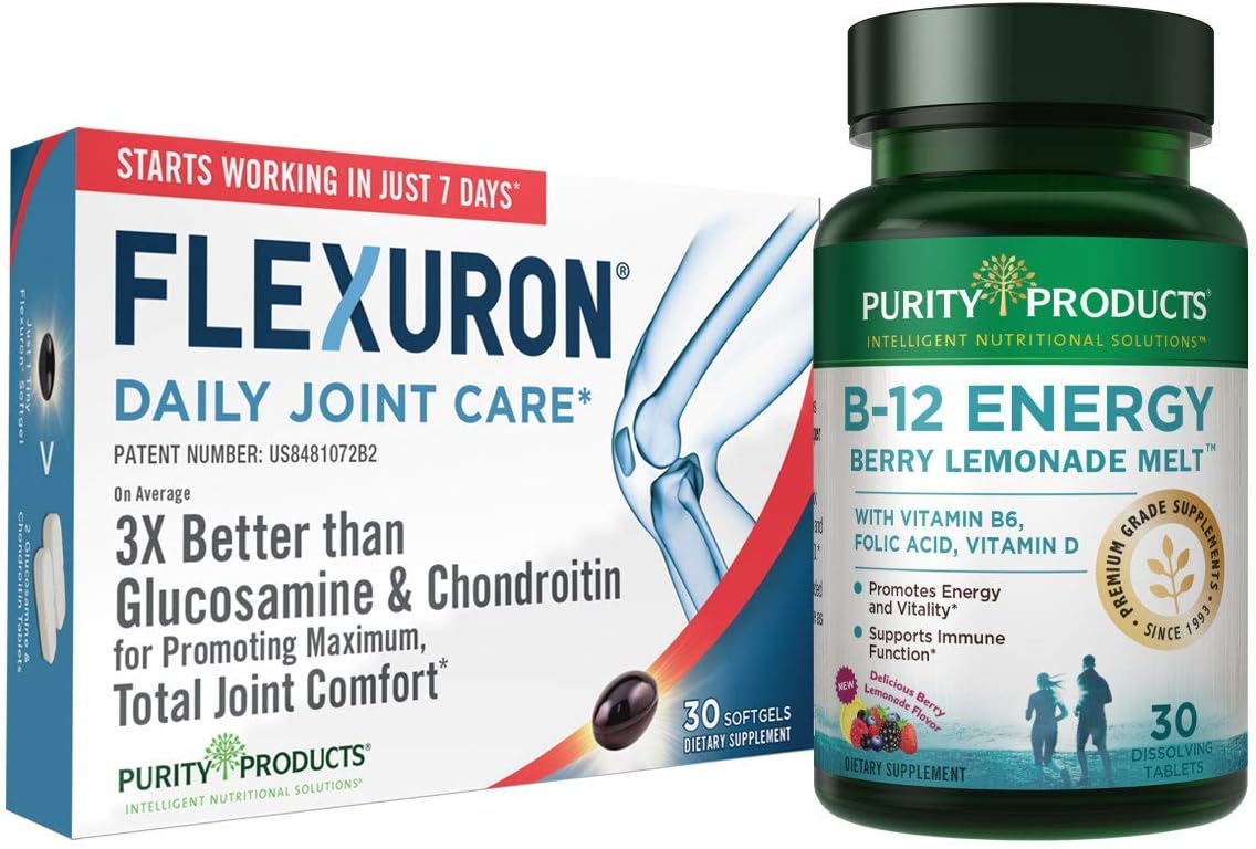 Purity Products Flexuron Joint Formula + B-12 Energy Melt Flexuron (Krill Oil, Low Molecular Weight Hyaluronic Acid, Astaxanthin) - B12 Energy Melt (Methylcobalamin B12, Vitamin D3, Biotin +More)