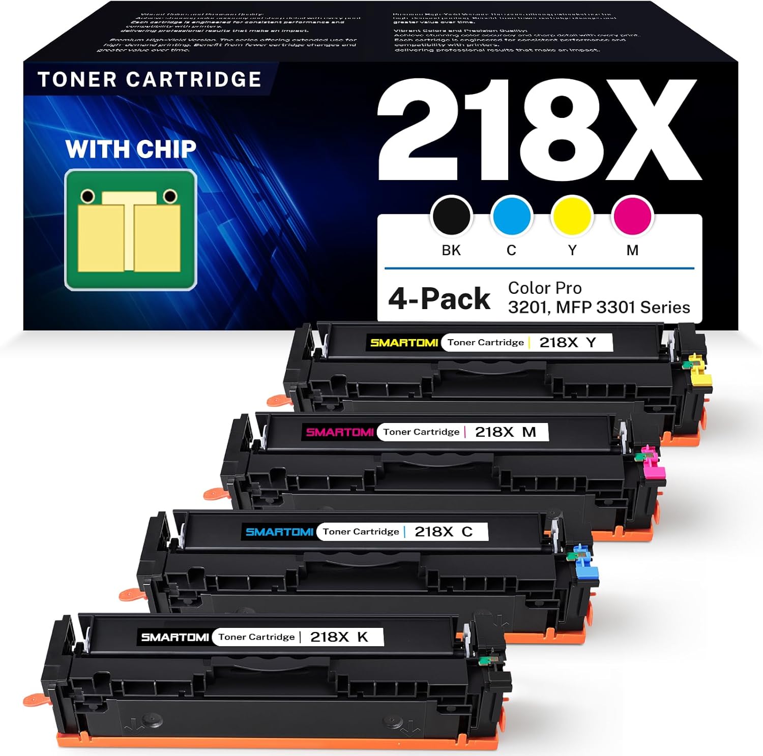 218X Toner Cartridges 4-Pack High Yield (with Chip) Compatible Replacement for HP Color Pro MFP 3301SDW 3301CDW 3301FDW 3201DW Printer 3301 3201 Series | W2180X W2181X W2182X W2183X 4 Pack