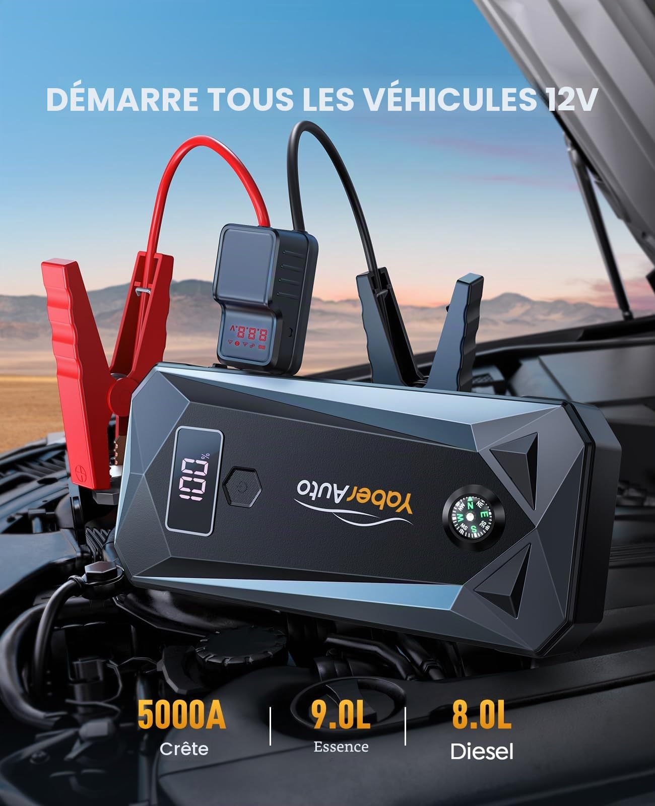 YaberAuto Démarreur de batterie portable 5000 A 21800 mAh (gaz 9,0 L, moteur diesel 8,0 L), batterie de voiture, charge rapide, câbles de démarrage, boîte de démarrage avec 3 modes