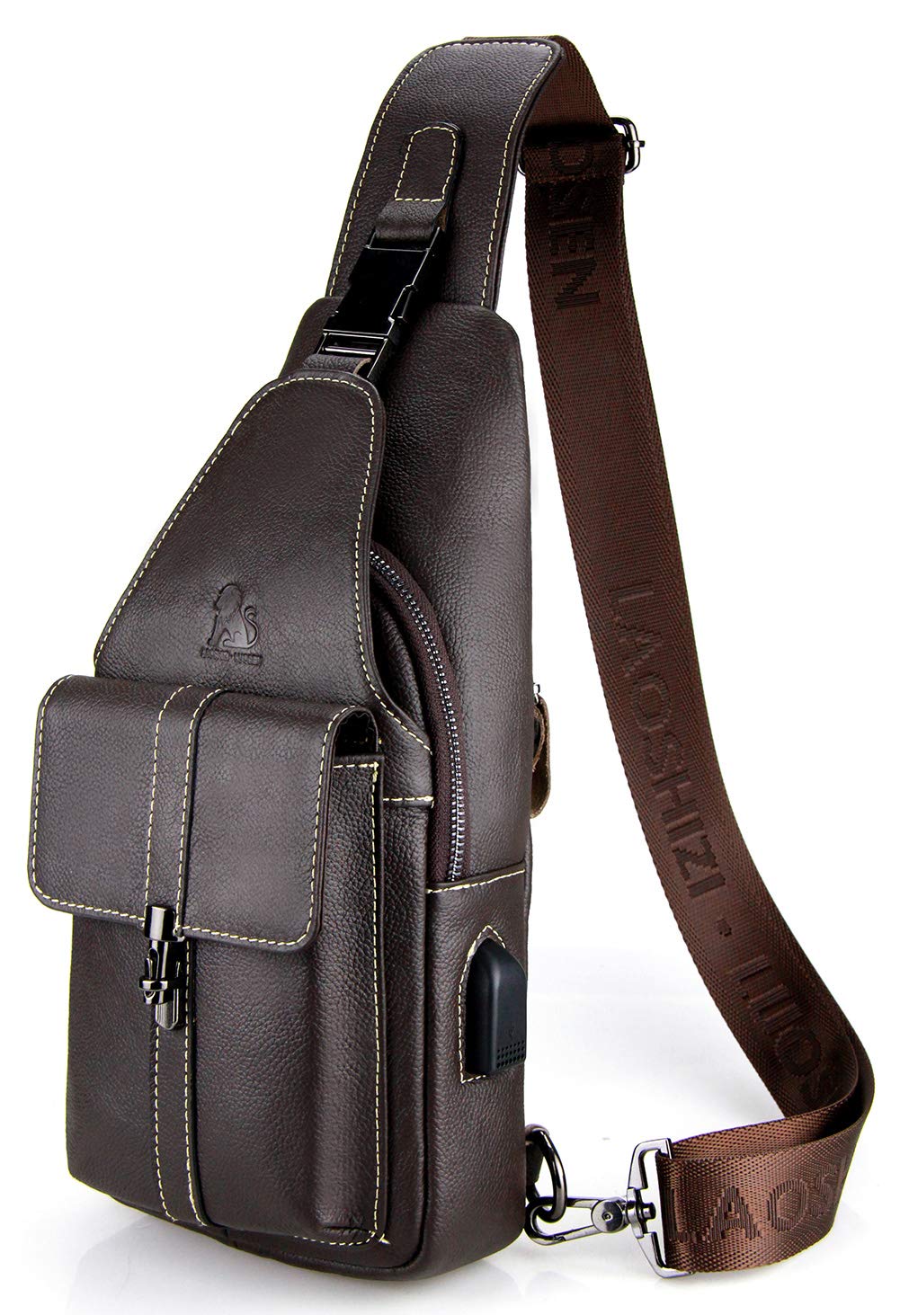 LAOSHIZI Leather Sling Bag for Men Crossbody Chest Bag Shoulder Backpack Water Resistant Anti Theft