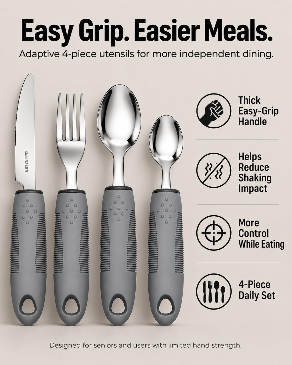 4 Pcs Adaptive Utensils Set for Senior, Tremors, Weak Hand Grip, Parkinsons