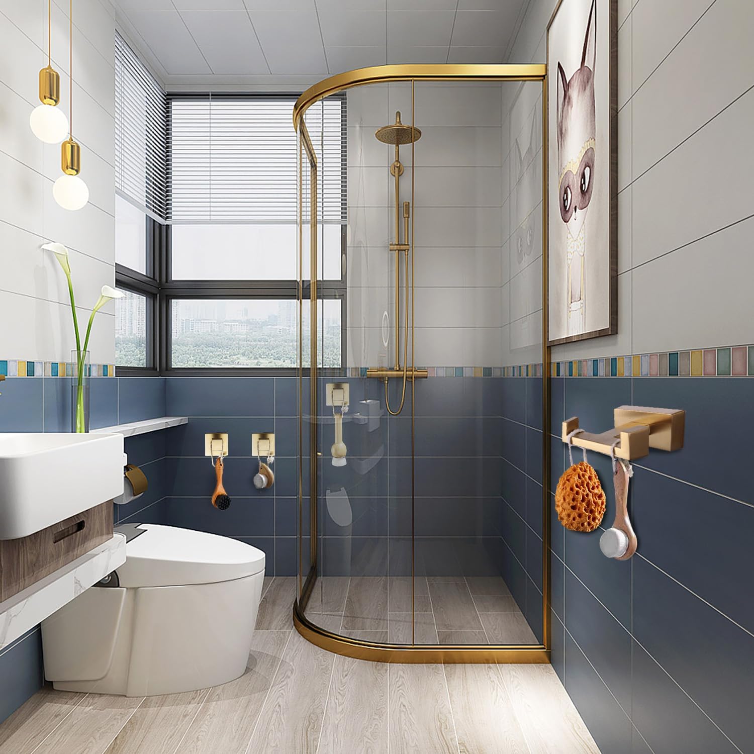 Generic Double Tower Hooks for Bathroom, Square Wall Mount Stainless Steel Heavy Duty Door Hanger, 1*Double Towel Hook + 2* Towel Hooks Set(Gold)