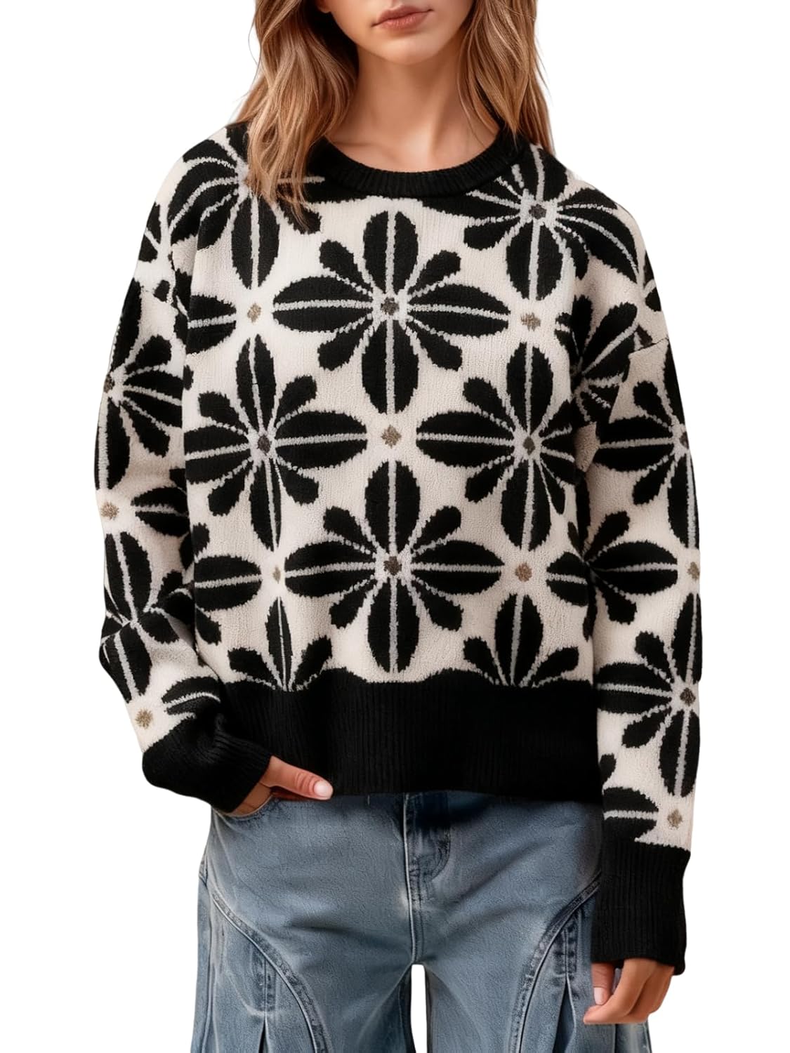 utcoco Women Contrast Snowflake Pullover Sweater Oversized Knit Sweaters Color Block Jumper Tops