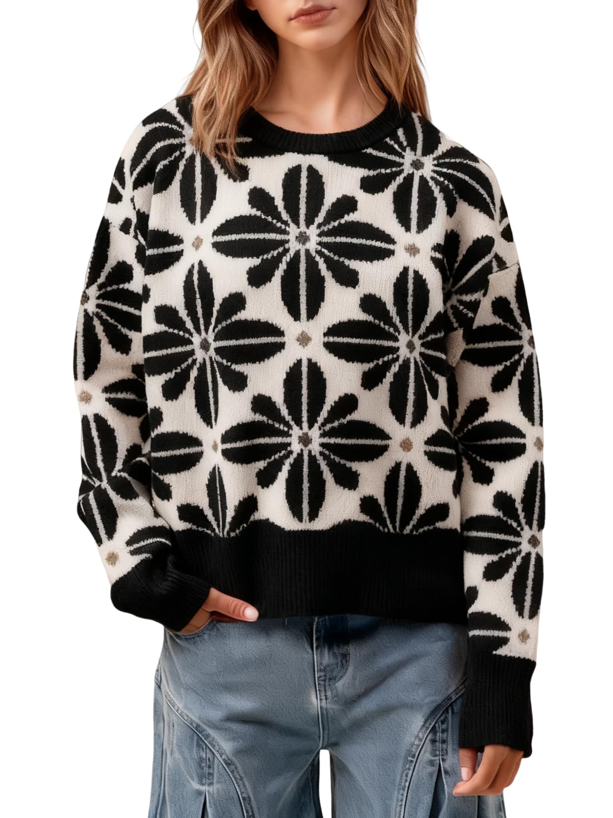 utcoco Women Contrast Snowflake Pullover Sweater Oversized Knit Sweaters Color Block Jumper Tops