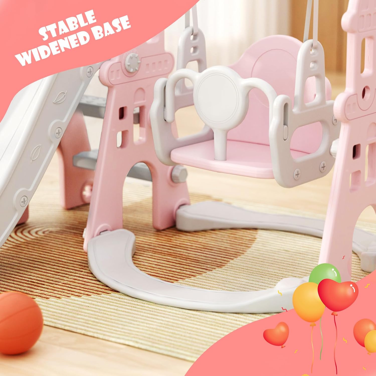 YUFU 4-in-1 Toddler Slide and Swing Set, Kids Slide with Climber, Swing, Basketball Hoop, Indoor Outdoor Playset for Toddlers Age 1-3 (Pink)