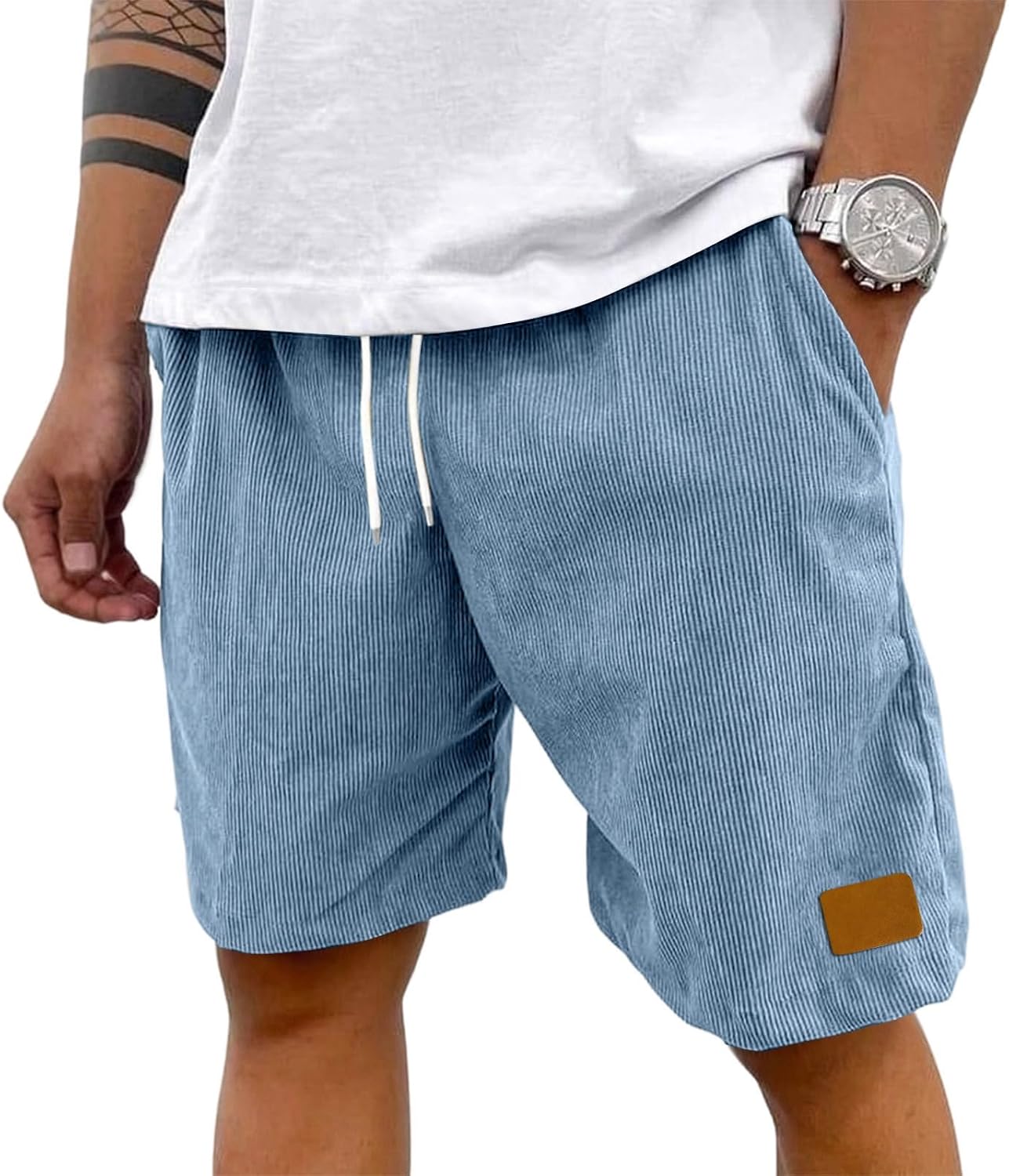 Ymosrh Men's Causal Shorts Classic Fit Drawstring Corduroy Beach Shorts with Elastic Waist and Pockets S-2XL
