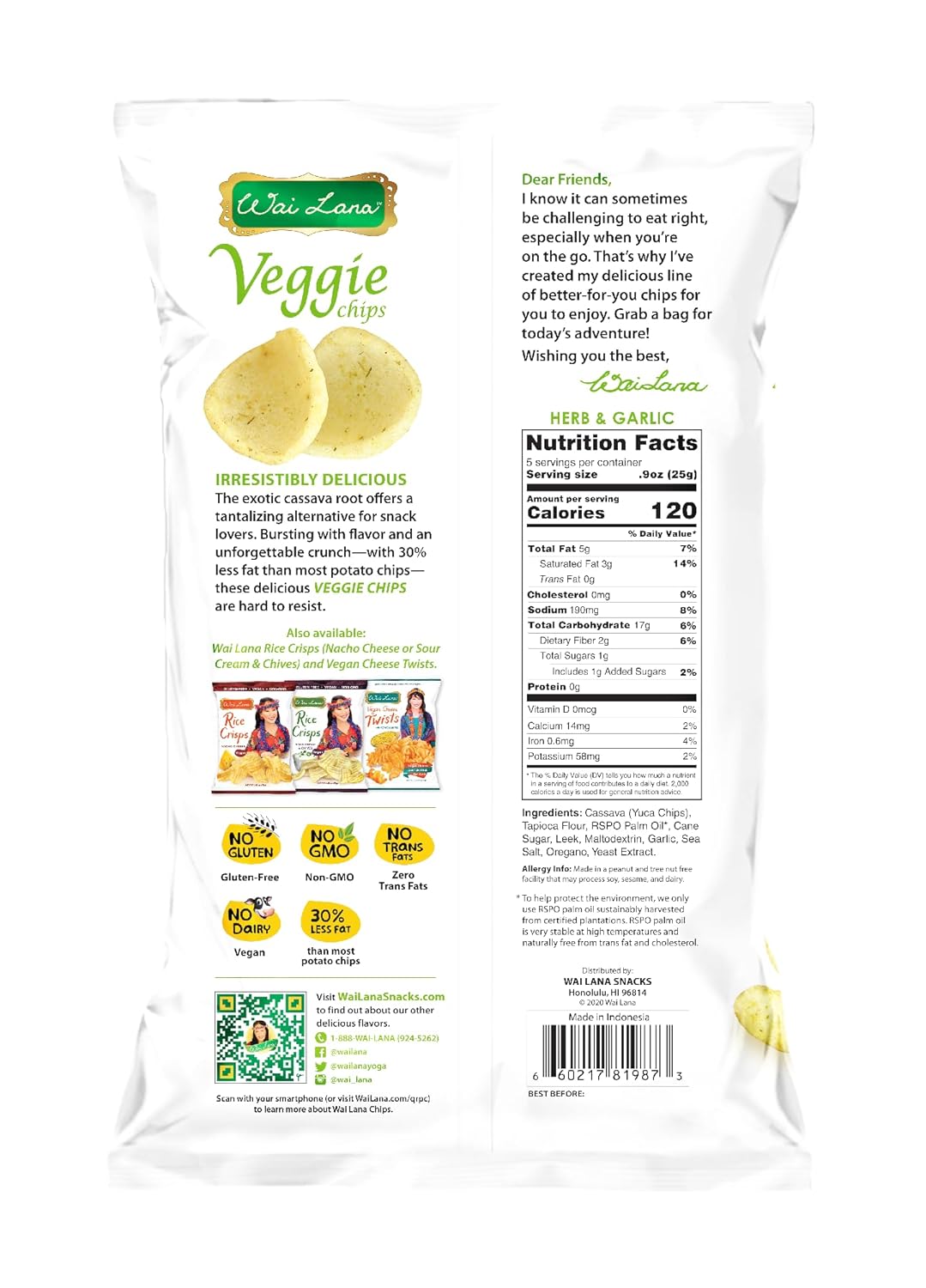 Wai Lana Veggie Chips - Gluten Free, Non-GMO, Vegan, Zero Trans Fats (Herb & Garlic, 4.5 Ounce (Pack of 6))