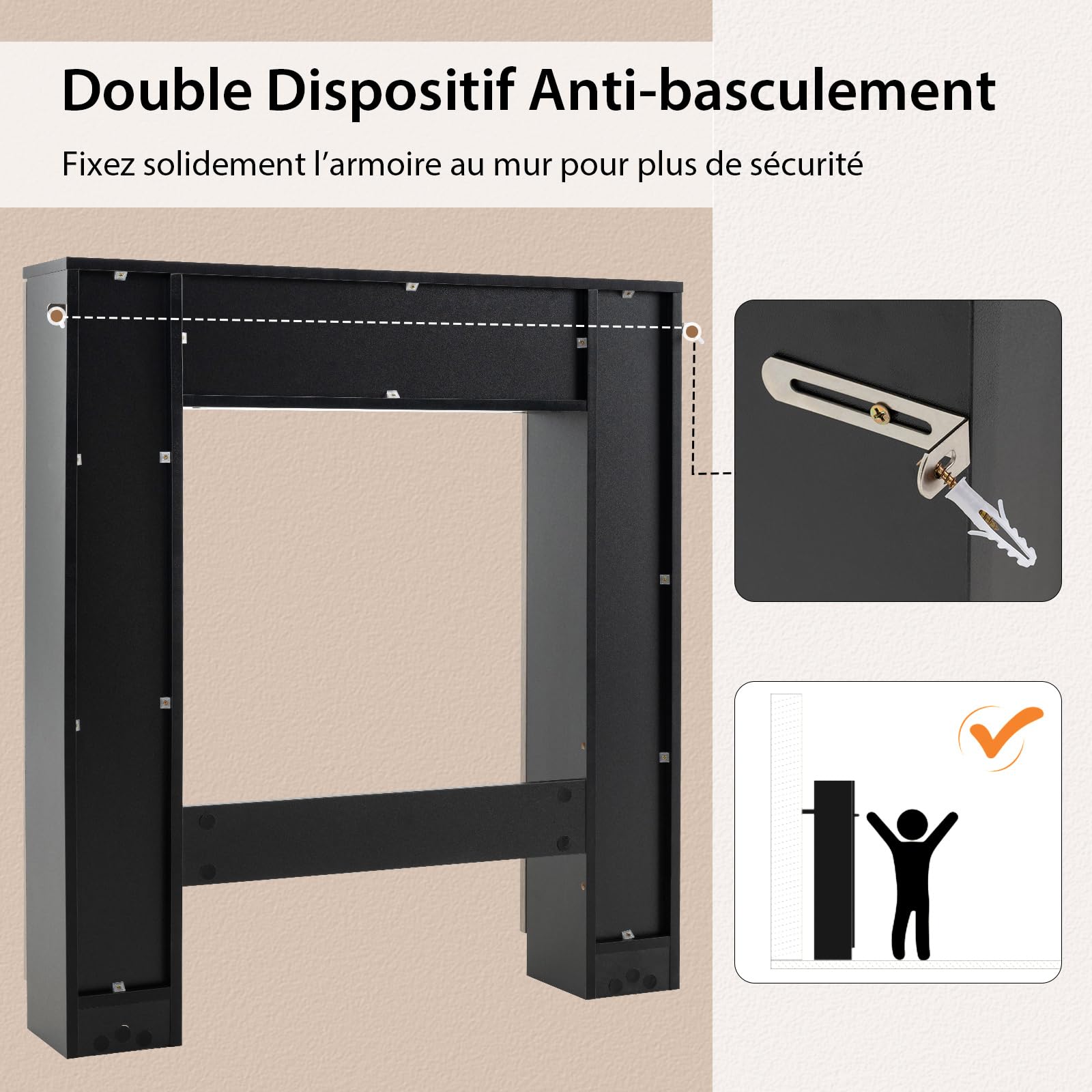 COSTWAY Meuble WC Au-Dessus de Toilettes, Meuble de Rangement avec 2 Compartiments Ouverts, 2 Placard avec 4 Étagères Réglables, Dispositif Anti-basculement, 18 x 87,5 x 98 cm (Gris+Noir)