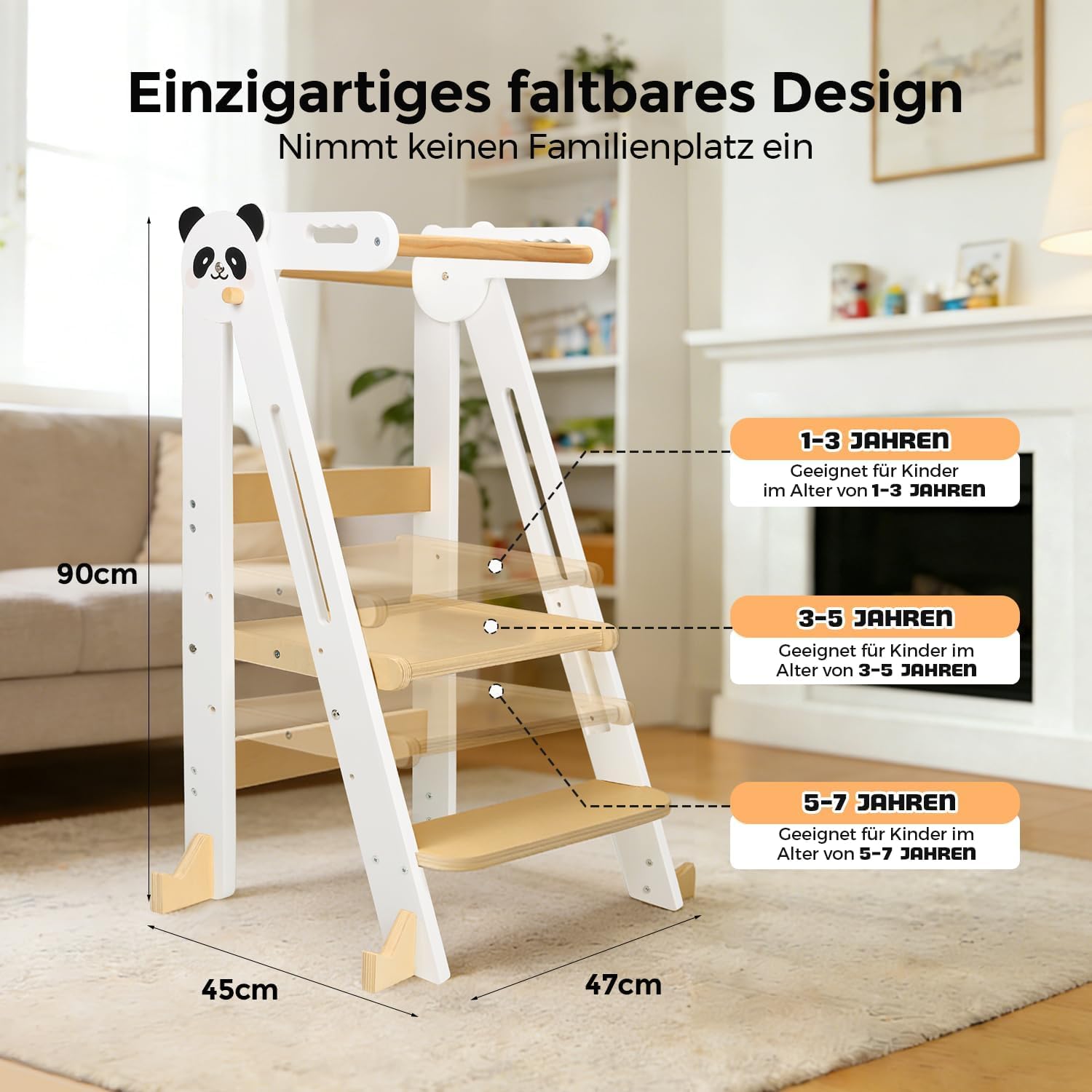 Lernturm Montessori Platzsparend und Höhenverstellbar Klappbar Lernstuhl für Kinder mit Kippschutz & Anti-Rutsch-Trittfläche für Kinder ab 1 Jahr Learning Tower, Tritthocker, Schemel