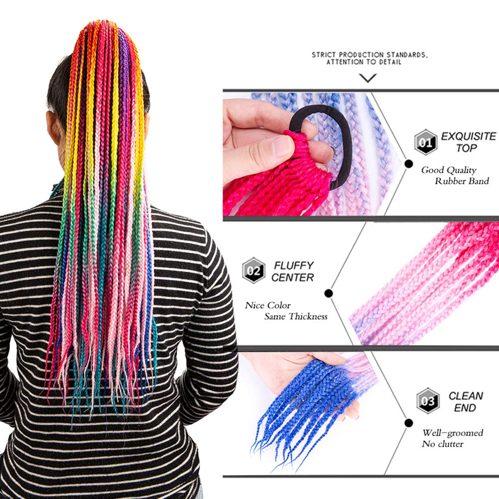 12 Strands/Pcs Ponytail With Rubber Band Ring Braiding Hair Extensions 24" Ombre Colorful Pink Blue Synthetic Box Braid Ponytail 3PC B45#