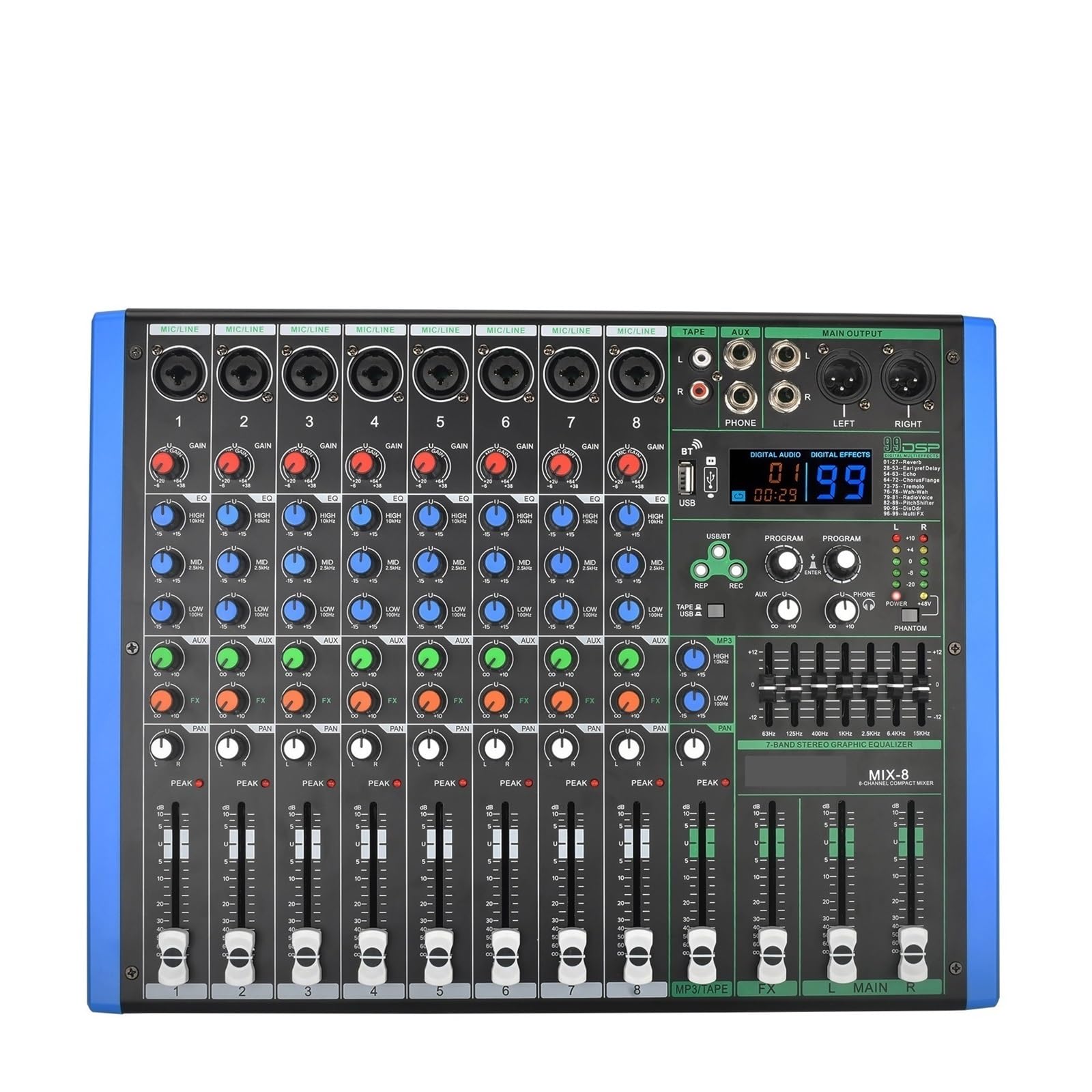 Mixer audio, 8 CH Stereo Mixing Console USB PC Play Registrazione Suono Audio Mixer 7 Band EQ Dj Controller Tavolo for KTV