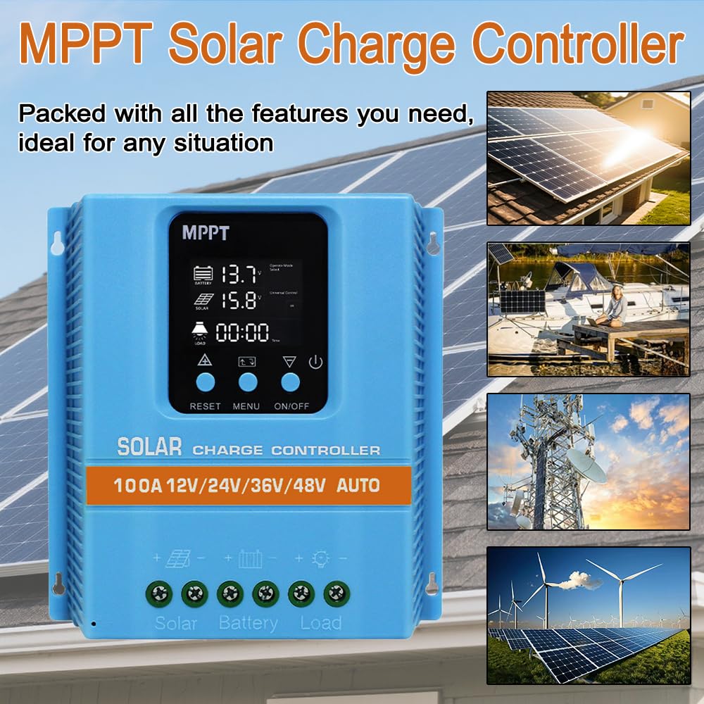 Regolatore Solare 100A MPPT/PWM Ibrido | Riconoscimento Auto 12V/24V/36V/48V | Display LCD & Dual USB | Per Batterie Litio (LiFePO4) & Piombo | Ideale per Camper, Casa e Giardino