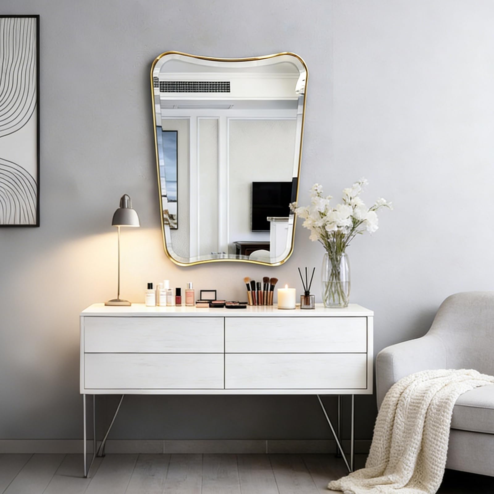 POZINO Brushed Gold Vanity Mirror, 24"x36" Modern Beveled Bathroom Mirror, Irregular Shaped Mirrors in Stainless Steel Frame, Brass Rectangle Wall Mirrors for Bedroom Living Room Entryway