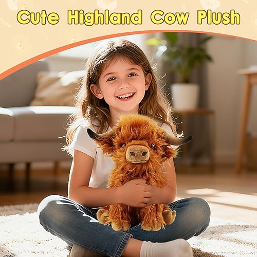 Miniatura 2 de OROZCOR Animal de Peluche de Vaca Highland, Lindos Juguetes de Figuras de Peluche de Vaca Esponjosa, Decoración de Peluche de Ganado Highland de