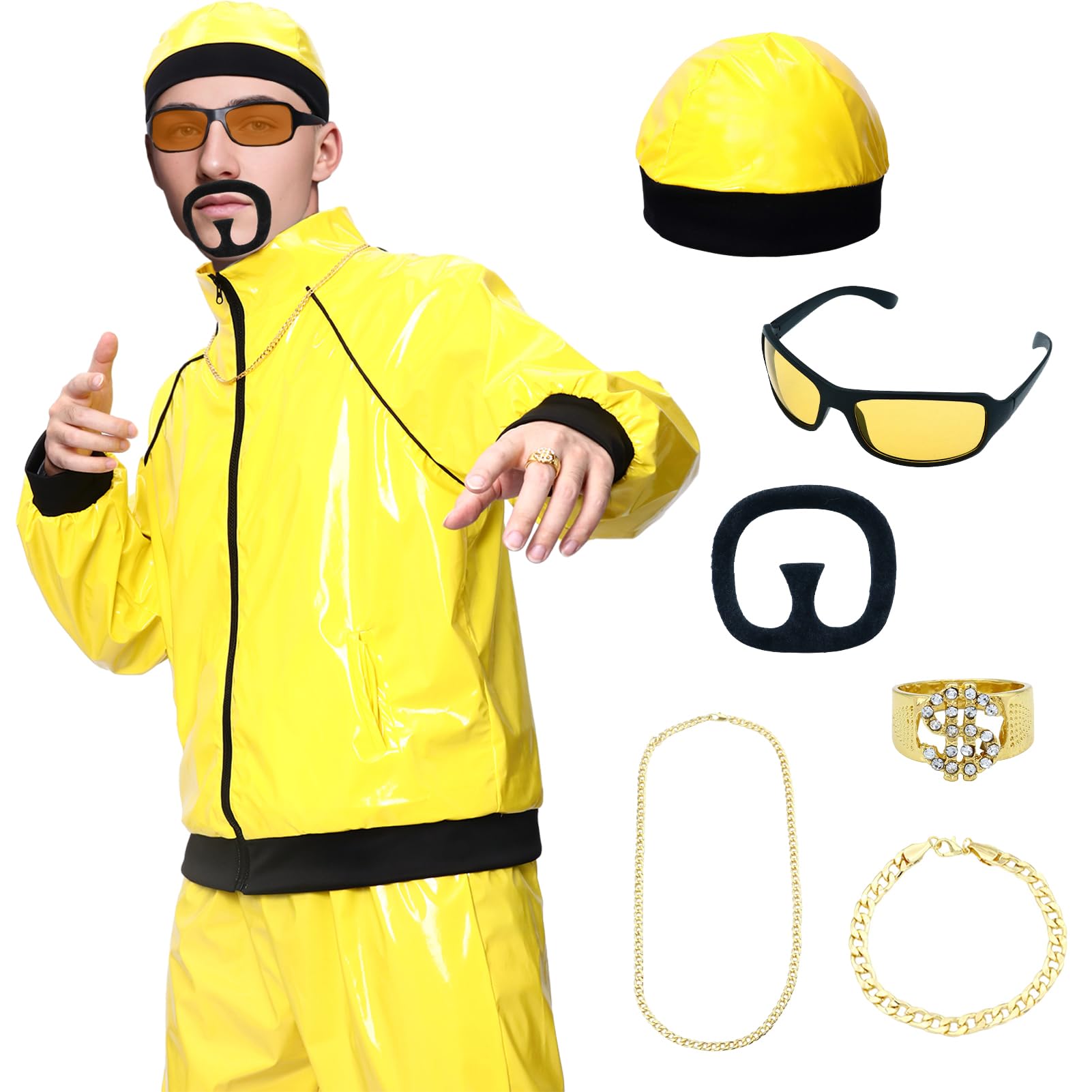 Amycute 90s Rapper Celebrity Costume for Adults, Mens 80s 90s Fancy Dress with Accessories Kit, Ali-g Costume Adults Funny Rapper Halloween Stag Do Fancy Dress Outfits