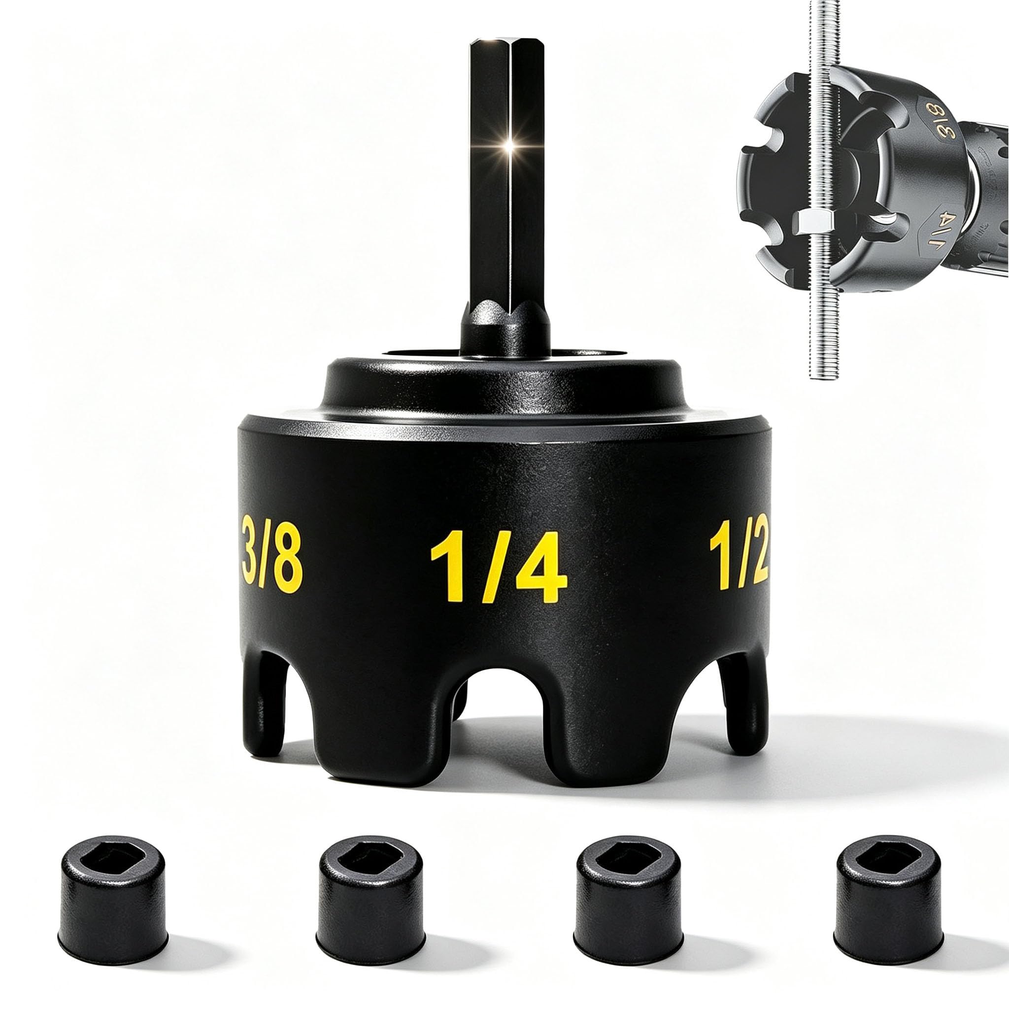 Alloy Threaded Rod Nut Runner Drill Attachment, 1/4", 3/8", 1/2" Sizes with 4 Replacement Heads, Fast Nut Removal, Impact Drill Compatible Bolt Driver Tool