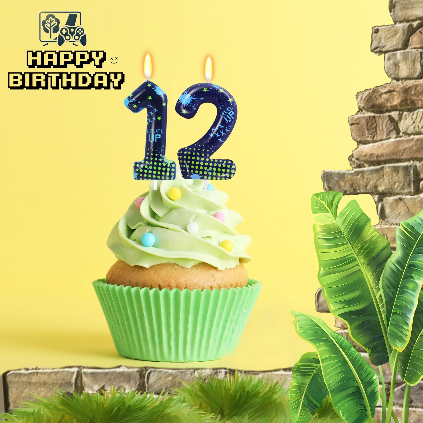 STG Bougies d'anniversaire pour garçons – Bougie en forme de chiffre 12 pour gâteau d'anniversaire de jeu vidéo, fournitures de fête d'anniversaire sur le thème du jeu de bataille de Fort