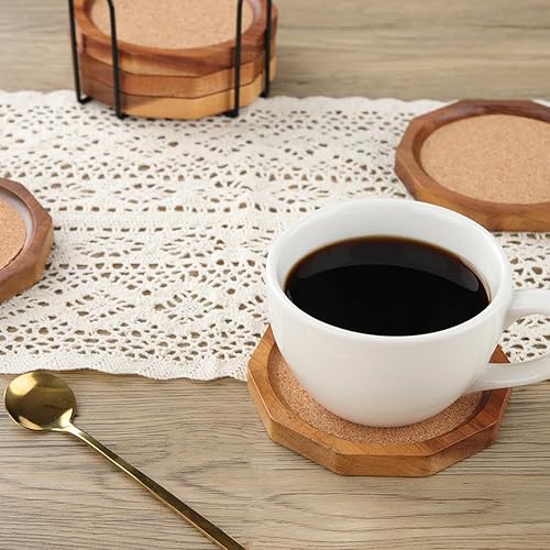 Miniatura 7 de Posavasos de madera de corcho para bebidas absorbentes con soporte, 4.33 pulgadas, forma decagonal de madera de acacia, juego de posavasos para