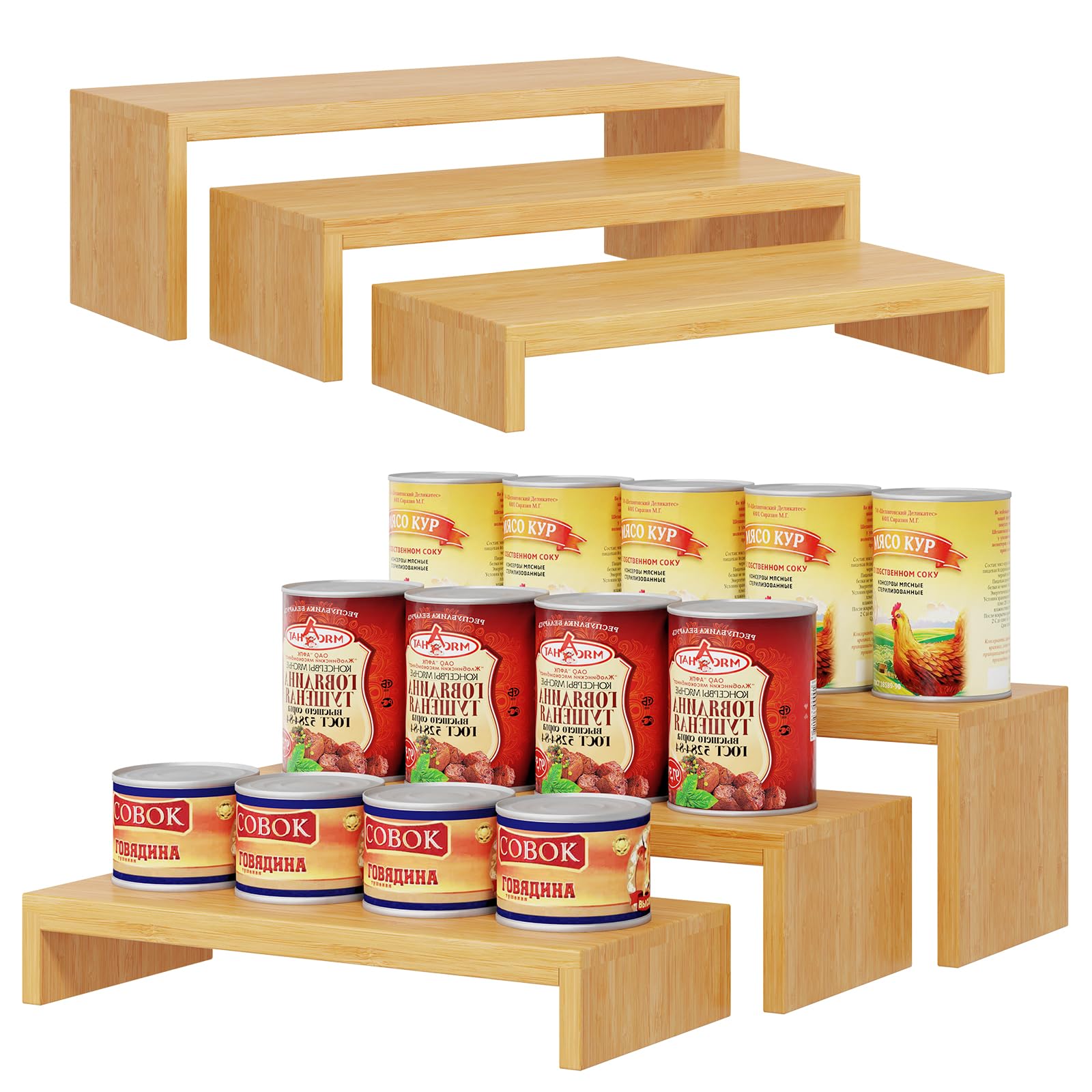 2 Sets DIY Bamboo Can Organizer for Pantry, 3-Tier 6-Piece Can Display Rack