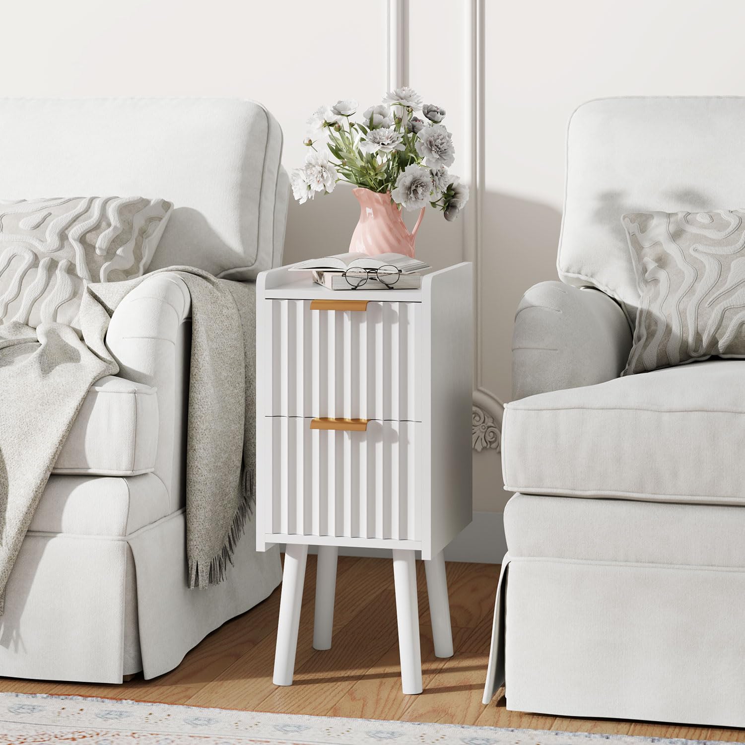 IBUYKE Mesita de Noche Estrecha, mesita pequeña con 2 cajones, Ahorra Espacio, mesitas de Madera para Dormitorio y Sala de Estar, Blanco WNS015W