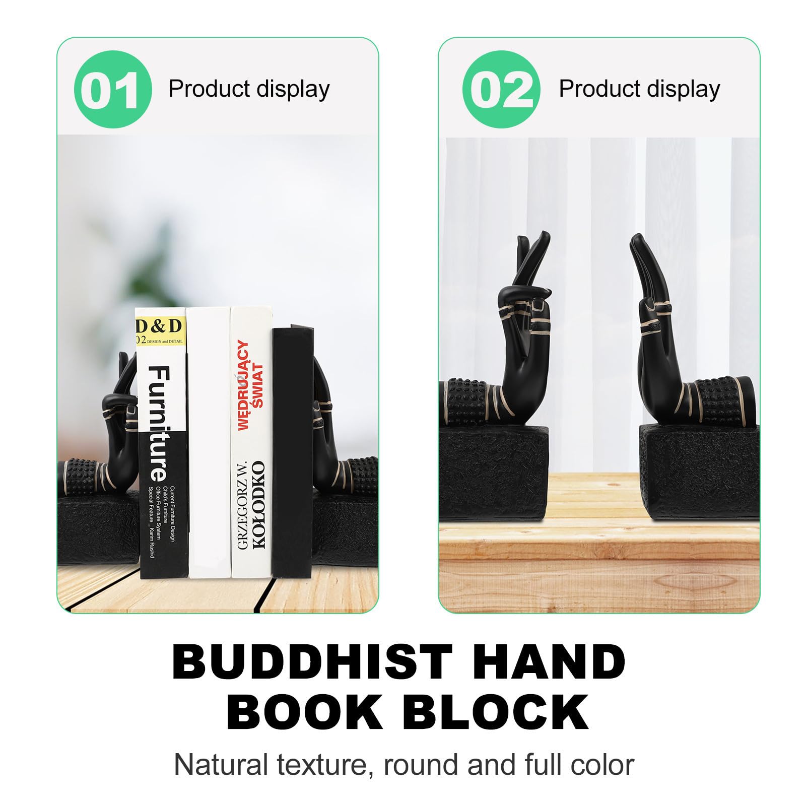 Mikikit Buddha Hand Buchstützen rutschfest und Dekorativ 1 Paar aus Strapazierfähigem Verbundharz im Vintage Stil für Schreibtisch und Bücherregal Zuhause