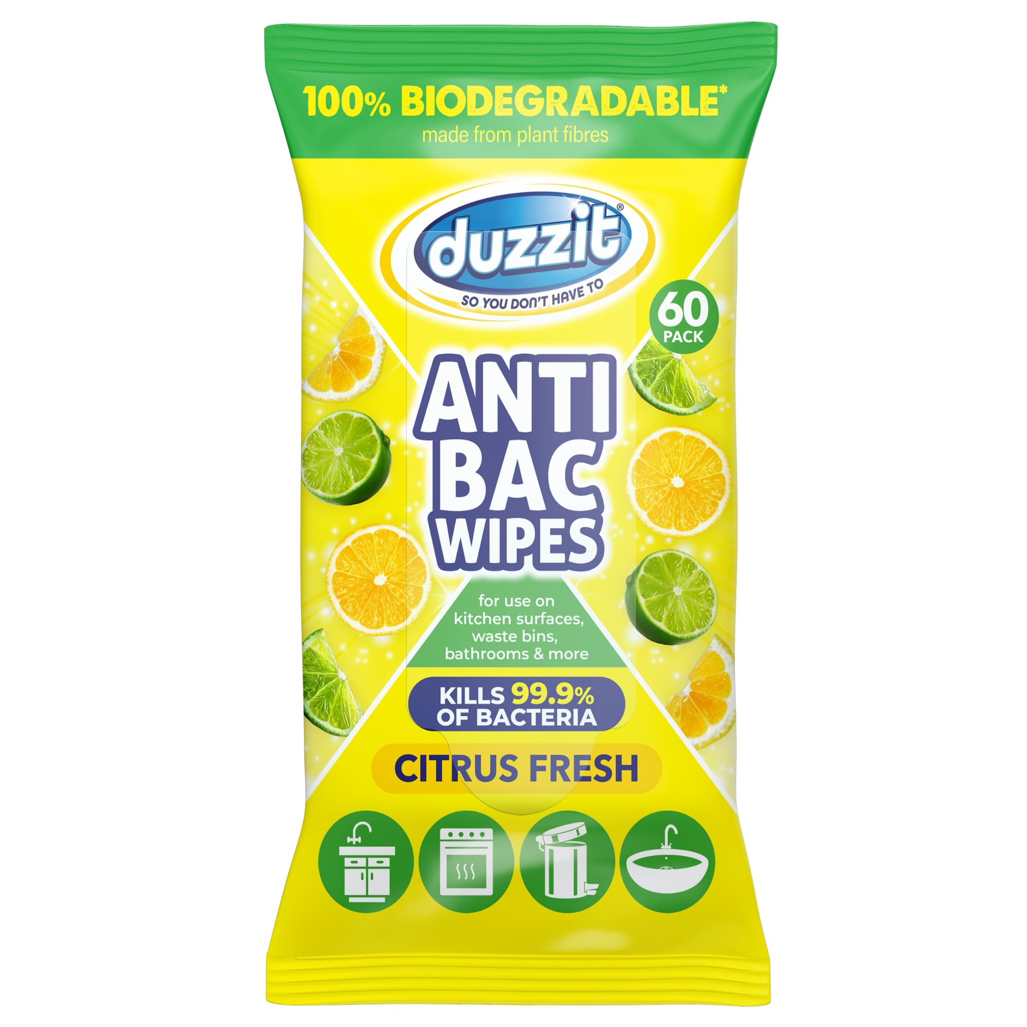Duzzit Antibacterial Wipes - Kills 99.9% of Bacteria | 100% Biodegradable - Made From Plant Fibres | Anti Bac Wipe for Kitchen Surfaces, Waste Bins, Bathrooms & More (60 Wipes, Citrus)