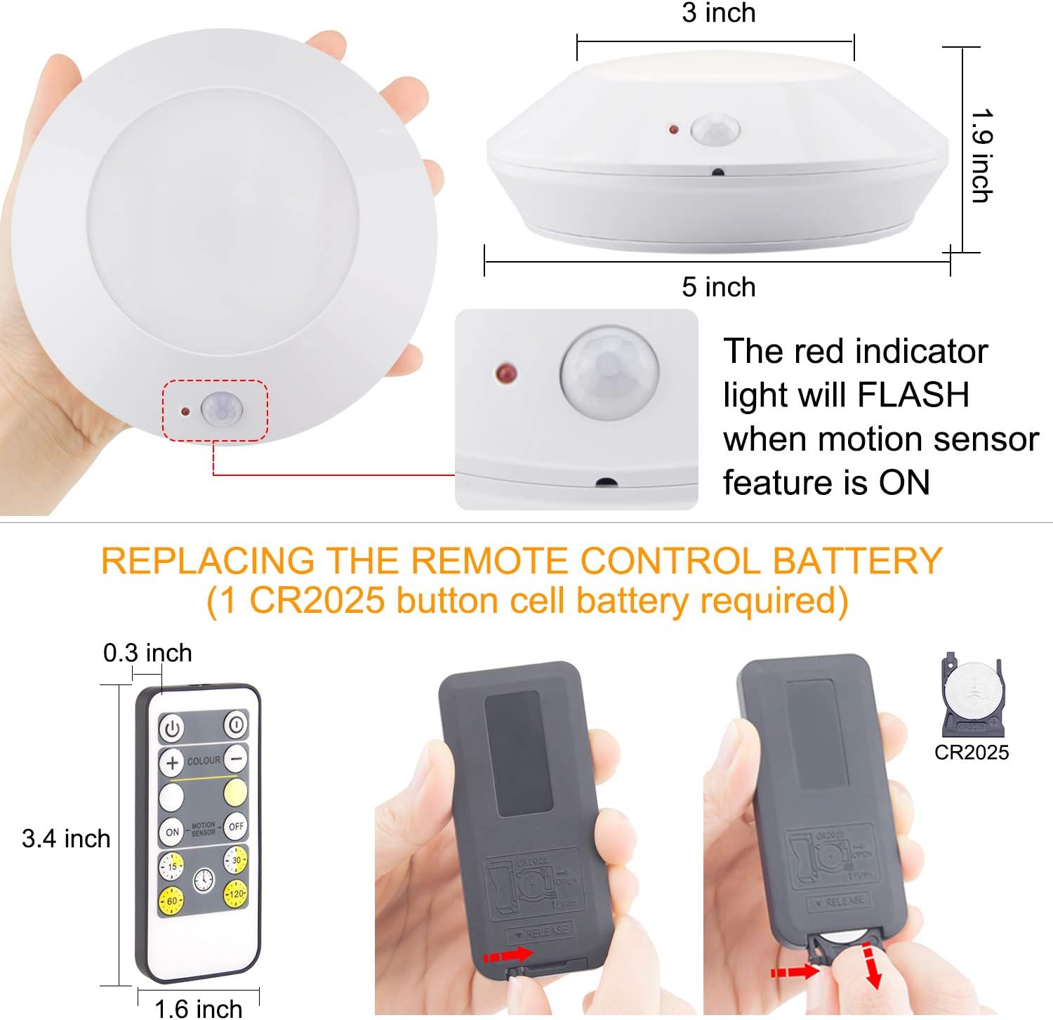 HONWELL Battery Operated LED Ceiling Light, Motion Sensor Ceiling Light, Wireless Shower Light with RF Remote Control 80Ft Through Walls, 300 LM Ultra Bright Indoor Lighting for Stairs, Porches-5 Inch