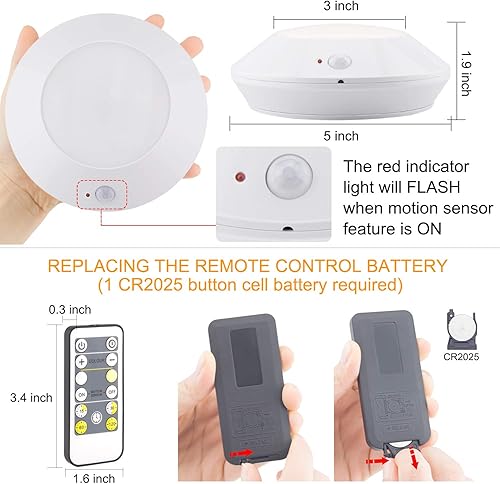 Miniatura 6 de HONWELL Lámpara de techo LED a pilas, luz de techo con sensor de movimiento, luz de ducha inalámbrica con control remoto RF de 80 pies a través de