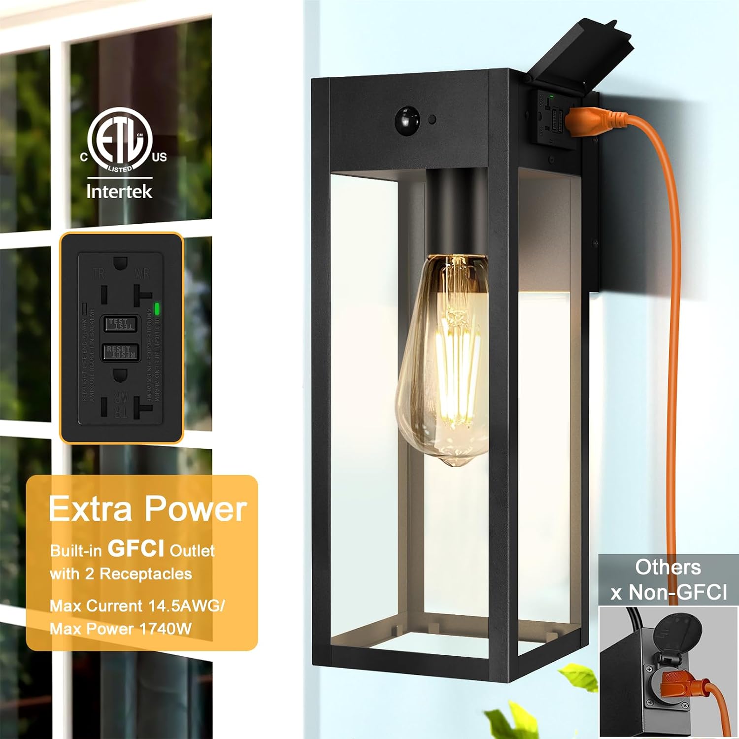 2 Pack Large Porch Lights with GFCI Outlet, Dusk to Dawn Motion Sensor Outdoor Lights, 2 Lighting Modes Waterproof Anti-Rust Wall Sconce Lantern, Outside Light for House, 14.62 Inch