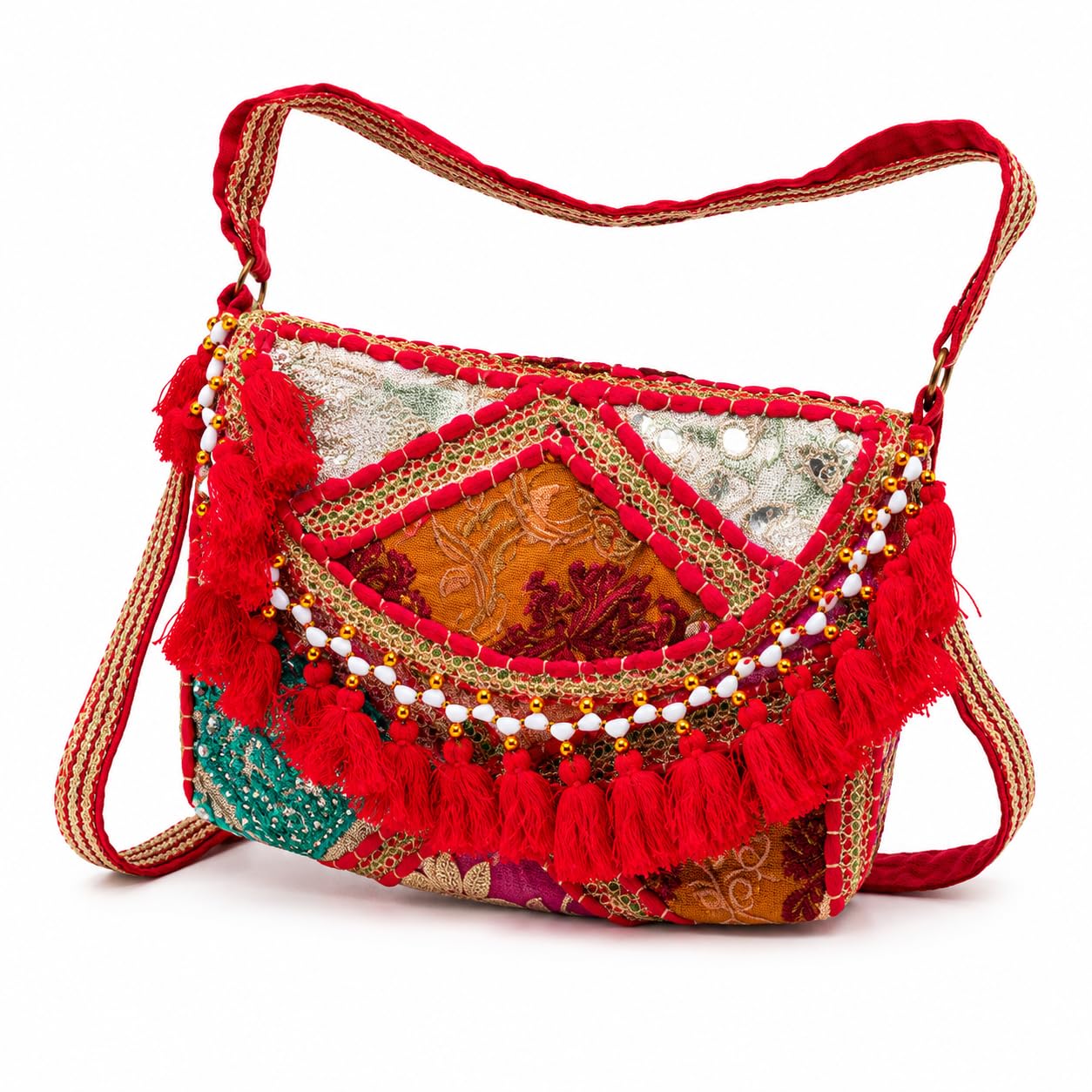 Handmade Yellow Boho Sling Bag for Women | Embroidered Ethnic Crossbody Bag with Cowrie Shells & Tassels | Vintage Banjara Shoulder Purse for Travel, Party & Casual Use-image-8