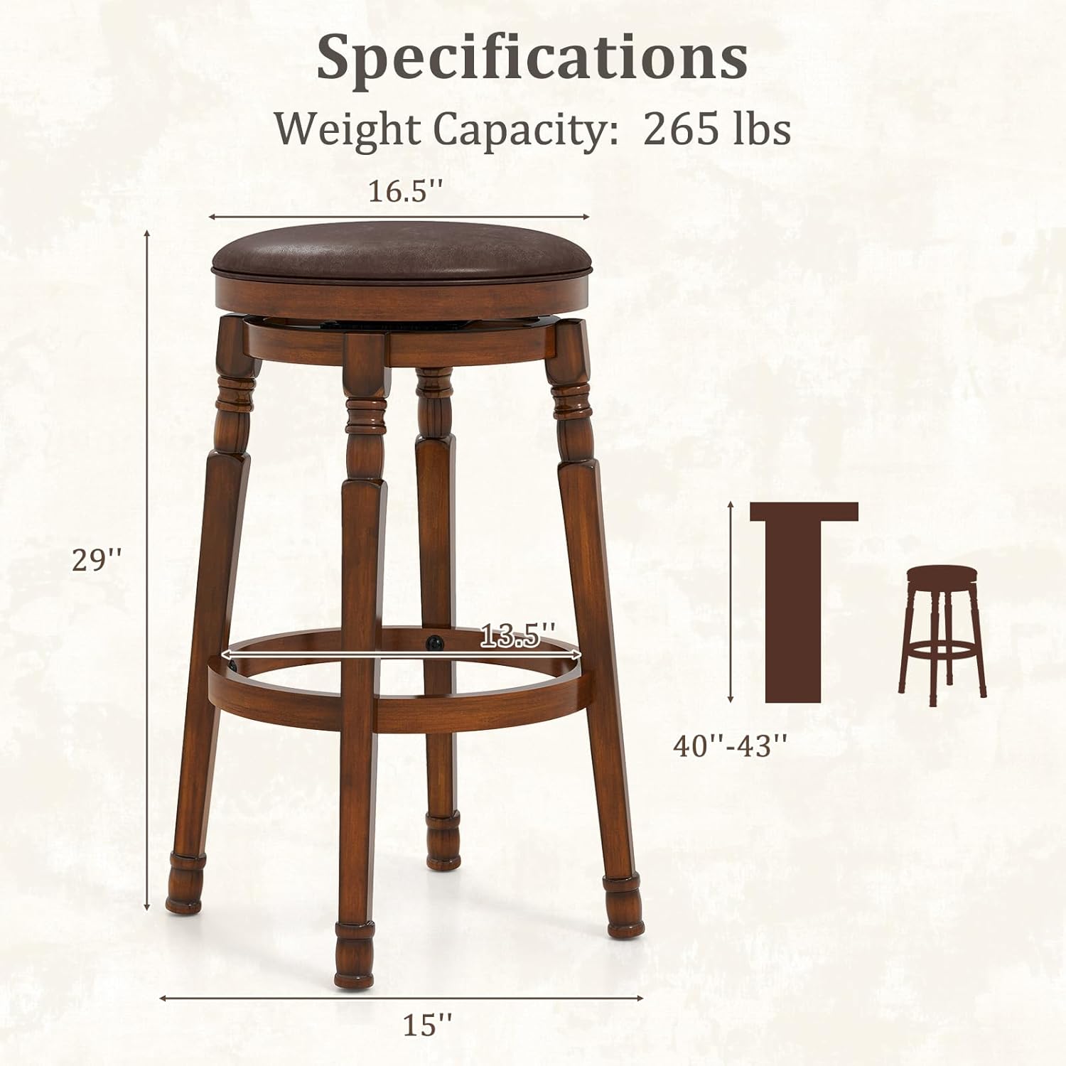 Giantex Swivel Bar Stools Set of 2, 29" Bar Height Bar Stools w/Faux Leather Padded Seat, Footrests, Solid Wooden Frame, Farmhouse Backless Barstools for Kitchen Island, Pub, Dining Room, Cafe