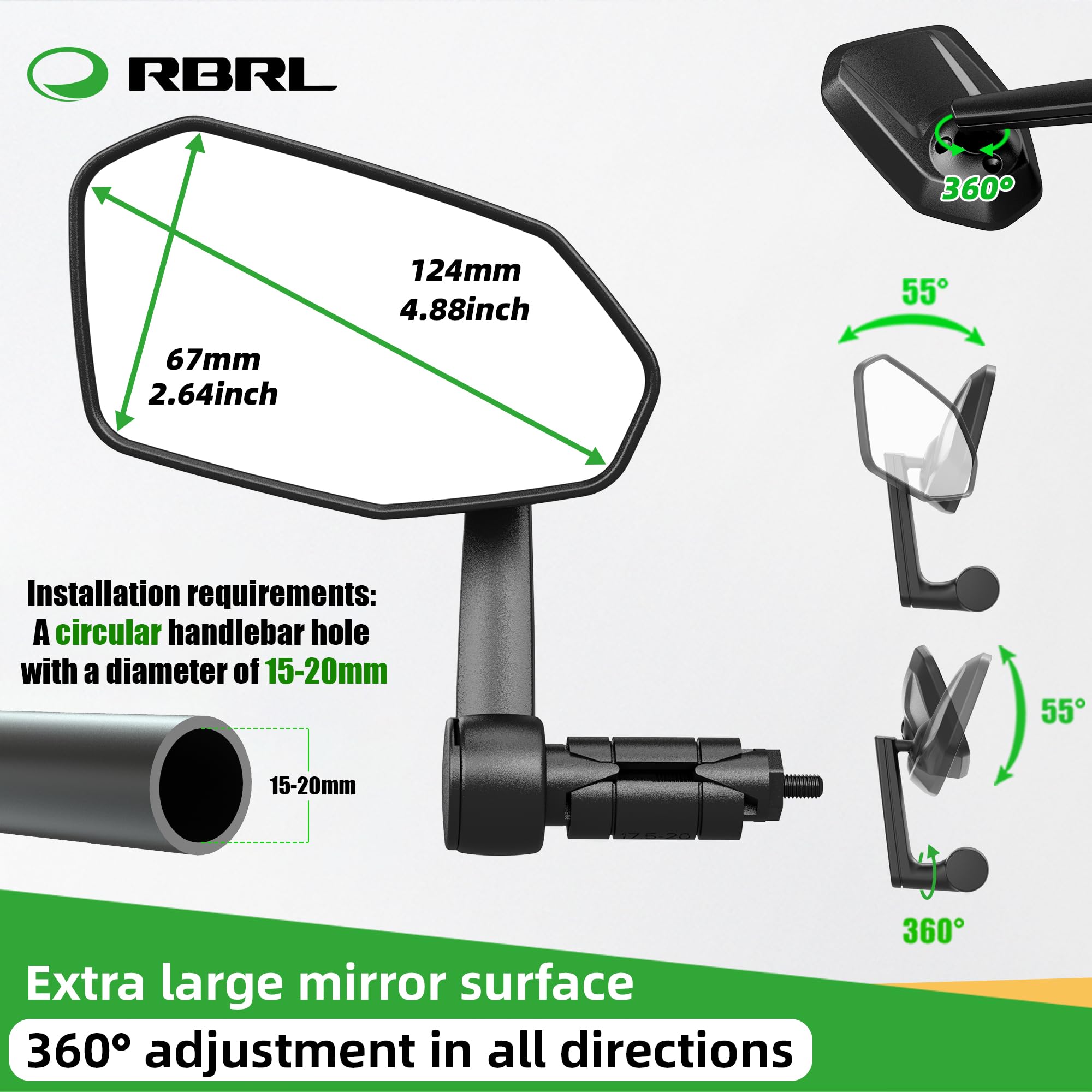 RBRL Bicycle Mirror, Extra Large Bike Mirror, 360° Adjustable Shatterproof and Durable Bar End Rear View Mirror Bicycle, Side Mirrors for E-Bike (Left)